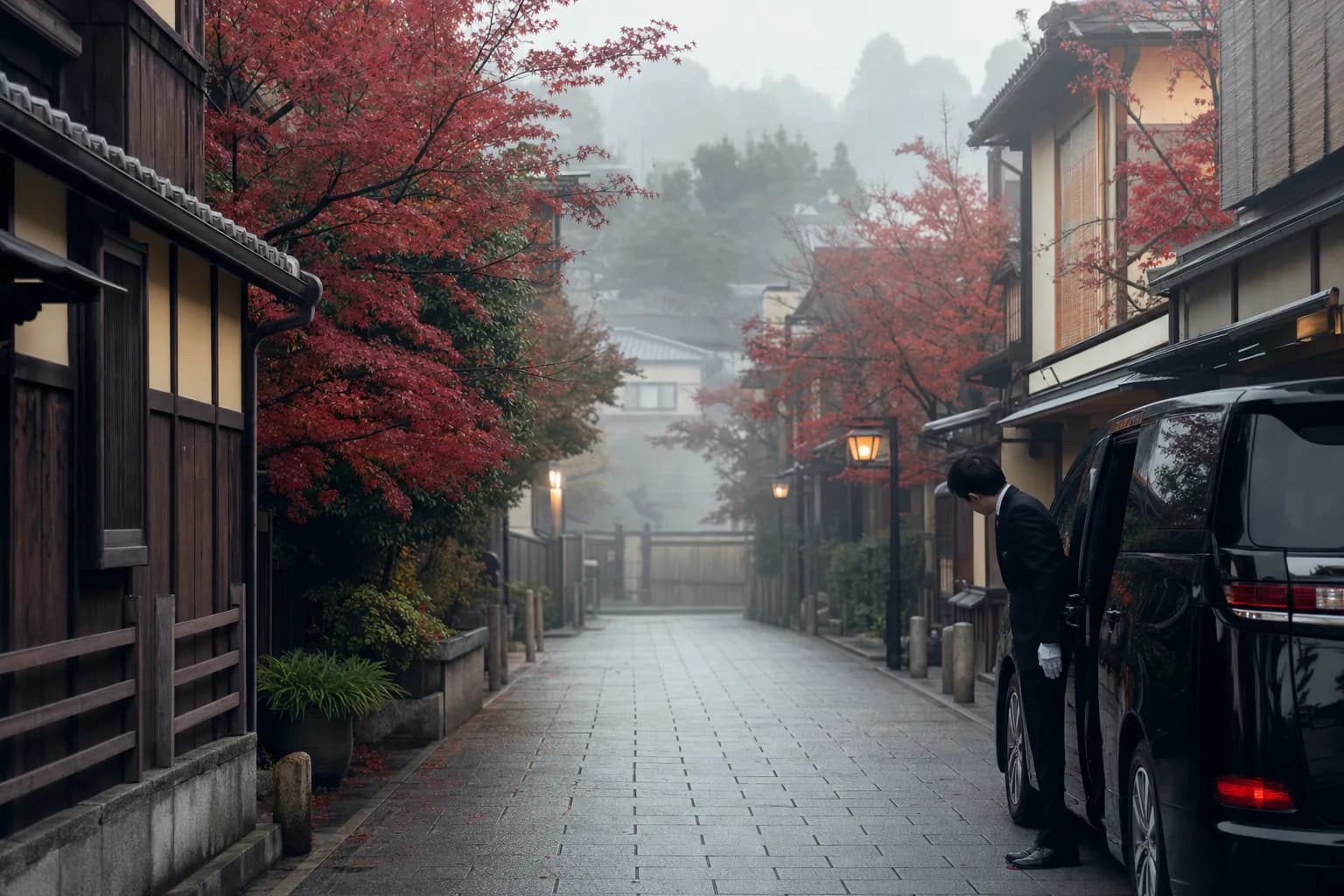 Luxury chauffeured minivan and driver on a quiet Kyoto machiya street in the morning