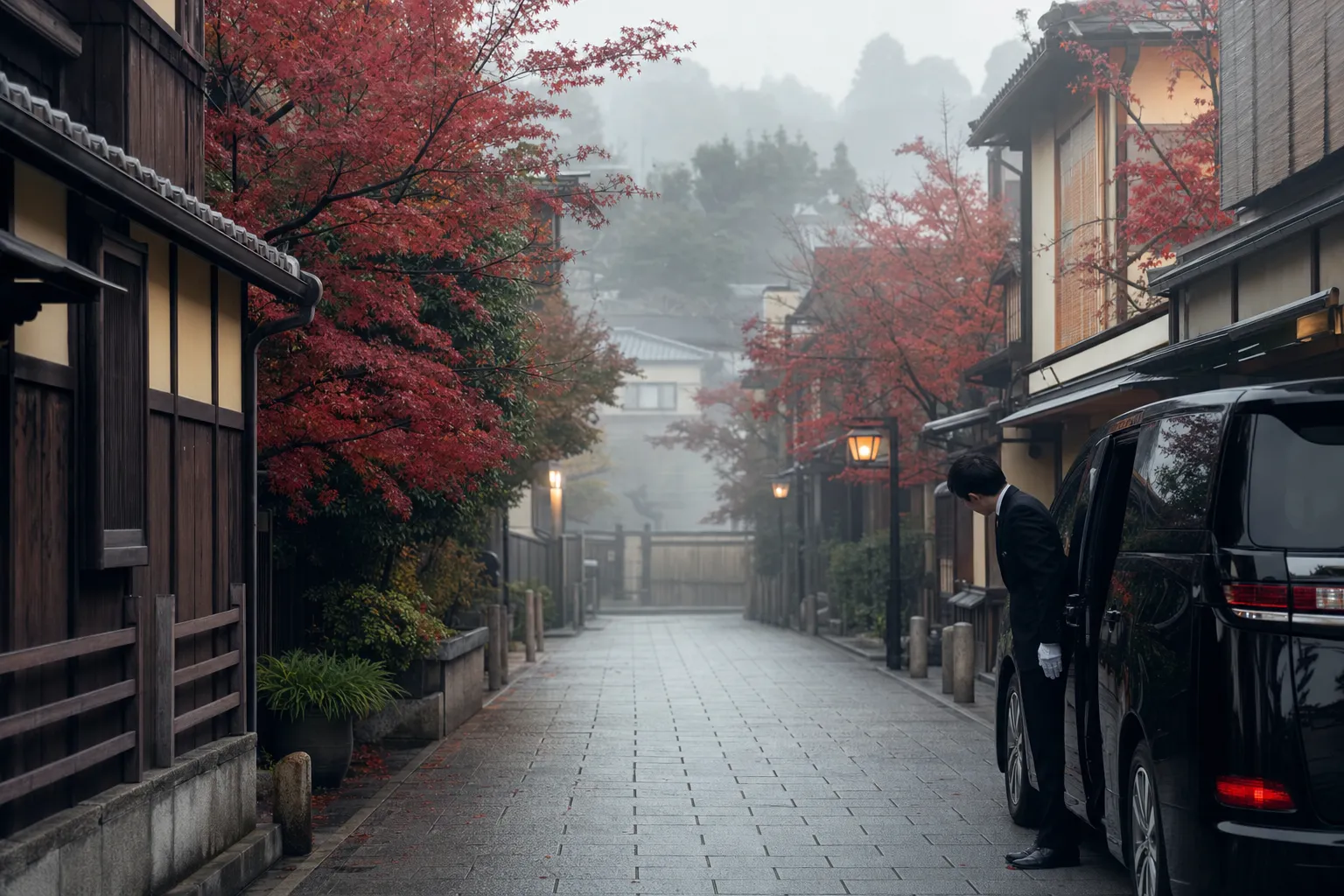Luxury chauffeured minivan and driver on a quiet Kyoto machiya street in the morning