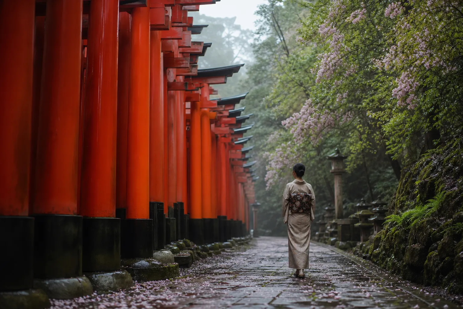 many "torii" shown in photo left side, and one women looked torii in cherry bloosm load.