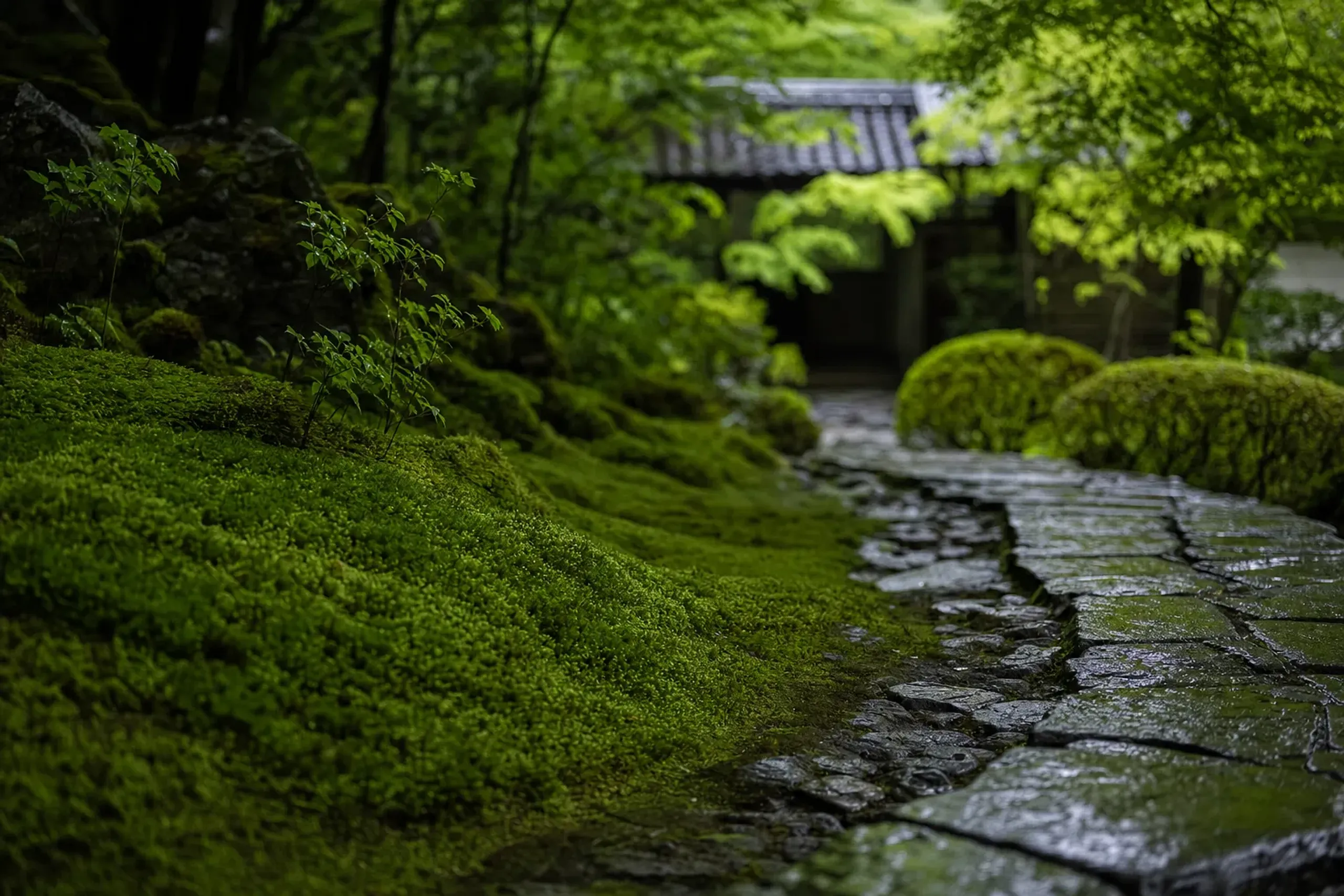 Saturated green moss carpet under maples in a Kyoto temple garden after June rain