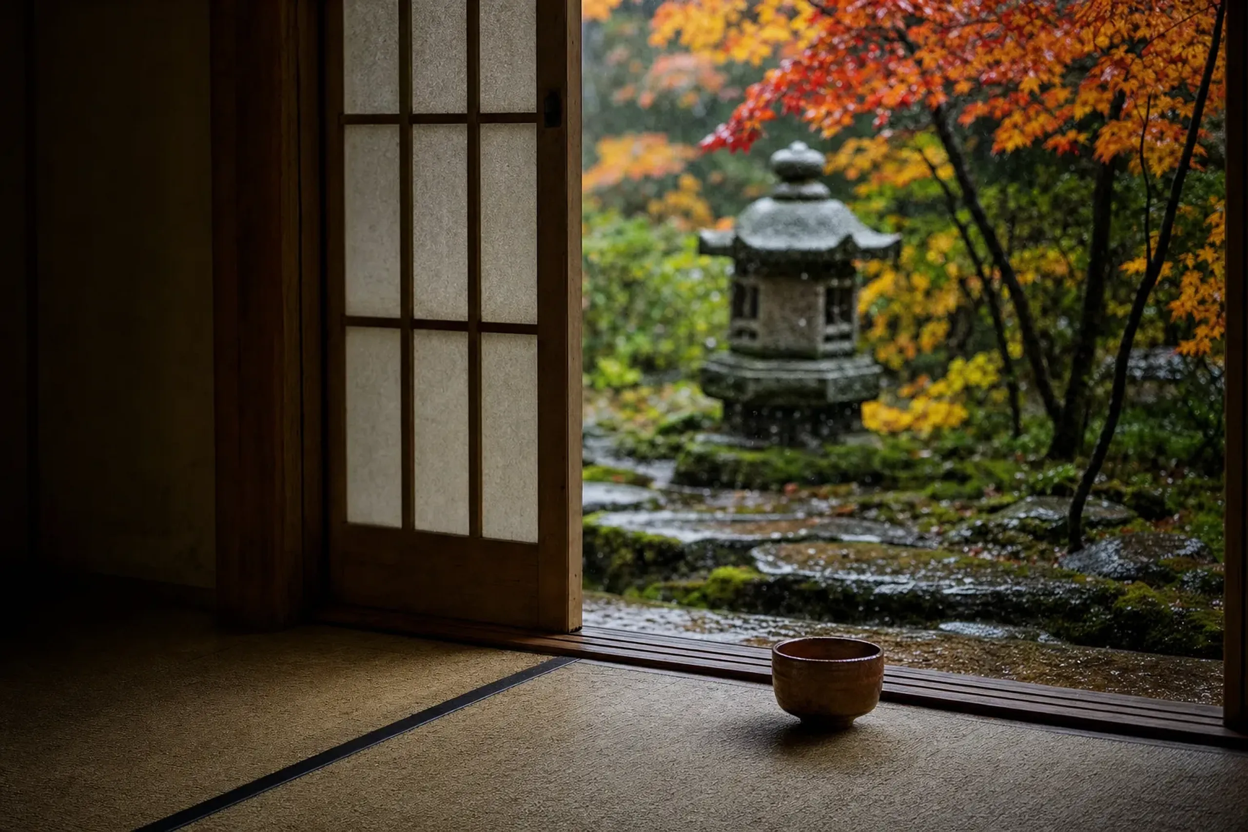 the interior of a traditional Kyoto tea room viewed through an open shoji screen toward a rain-soaked garden outside