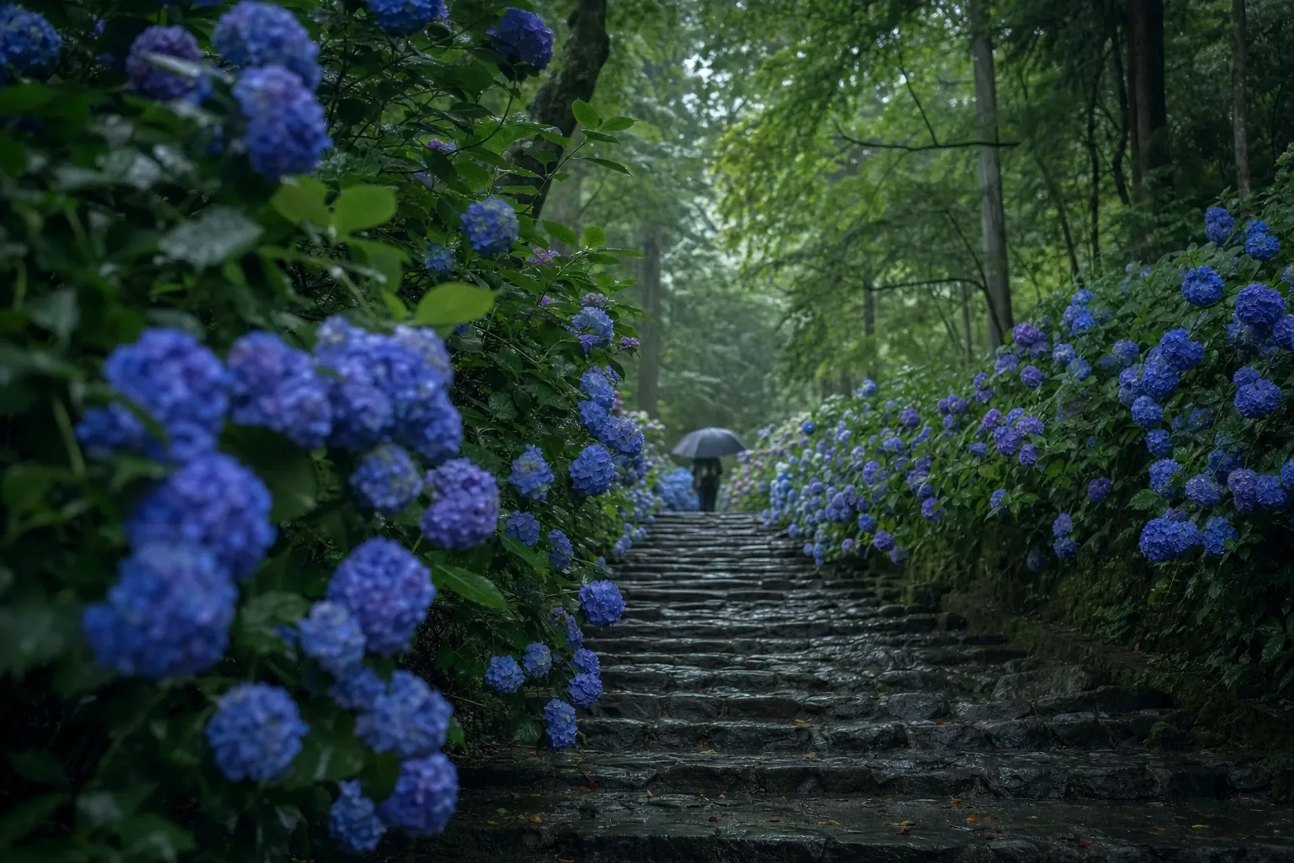 freshly opened blue and violet ajisai hydrangeas lining a stepped stone route up through trees on a Kamakura temple hillside