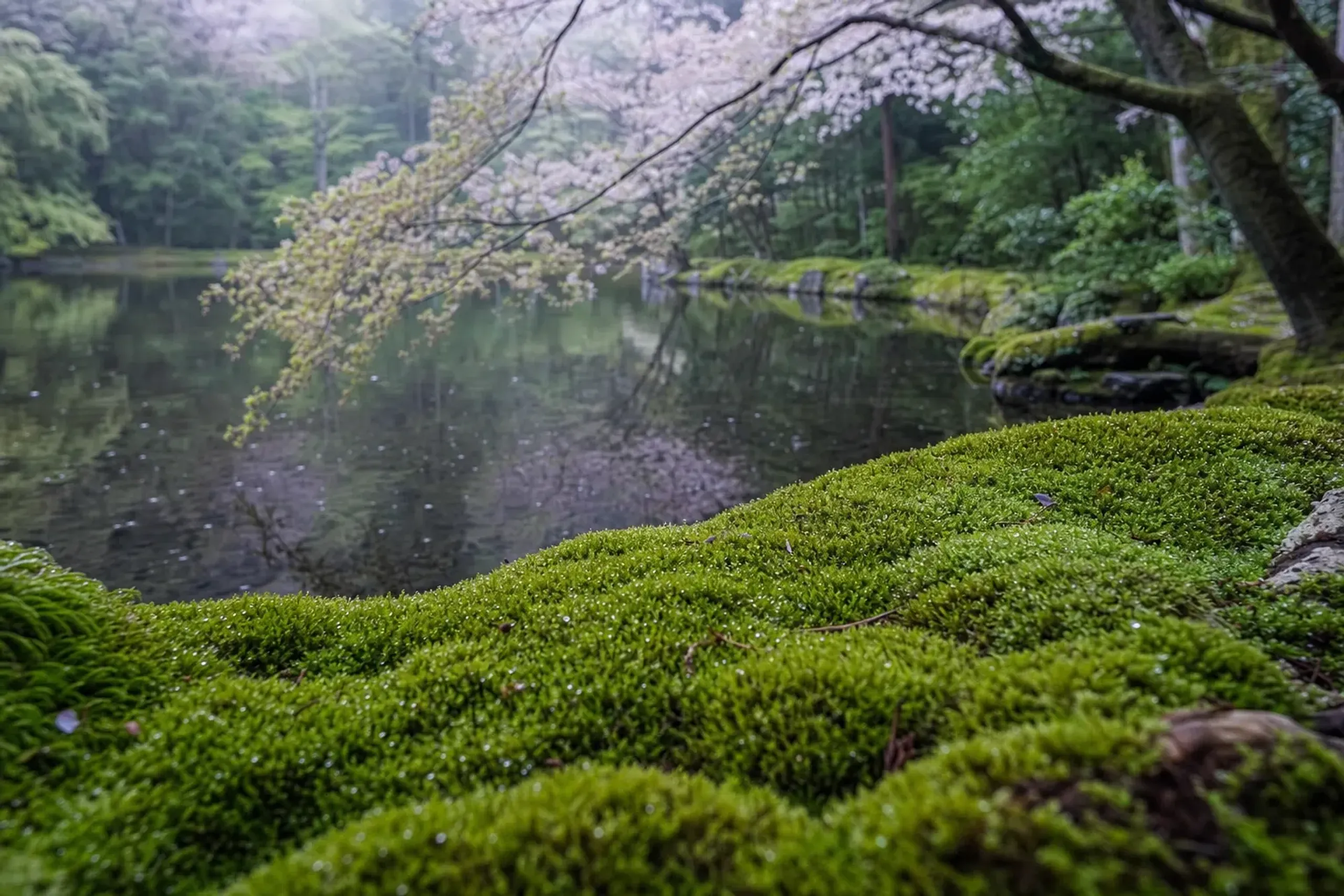 the deep emerald pond garden of Saihoji moss temple in Kyoto, over a hundred moss varieties glowing after sustained rain under soft canopy light