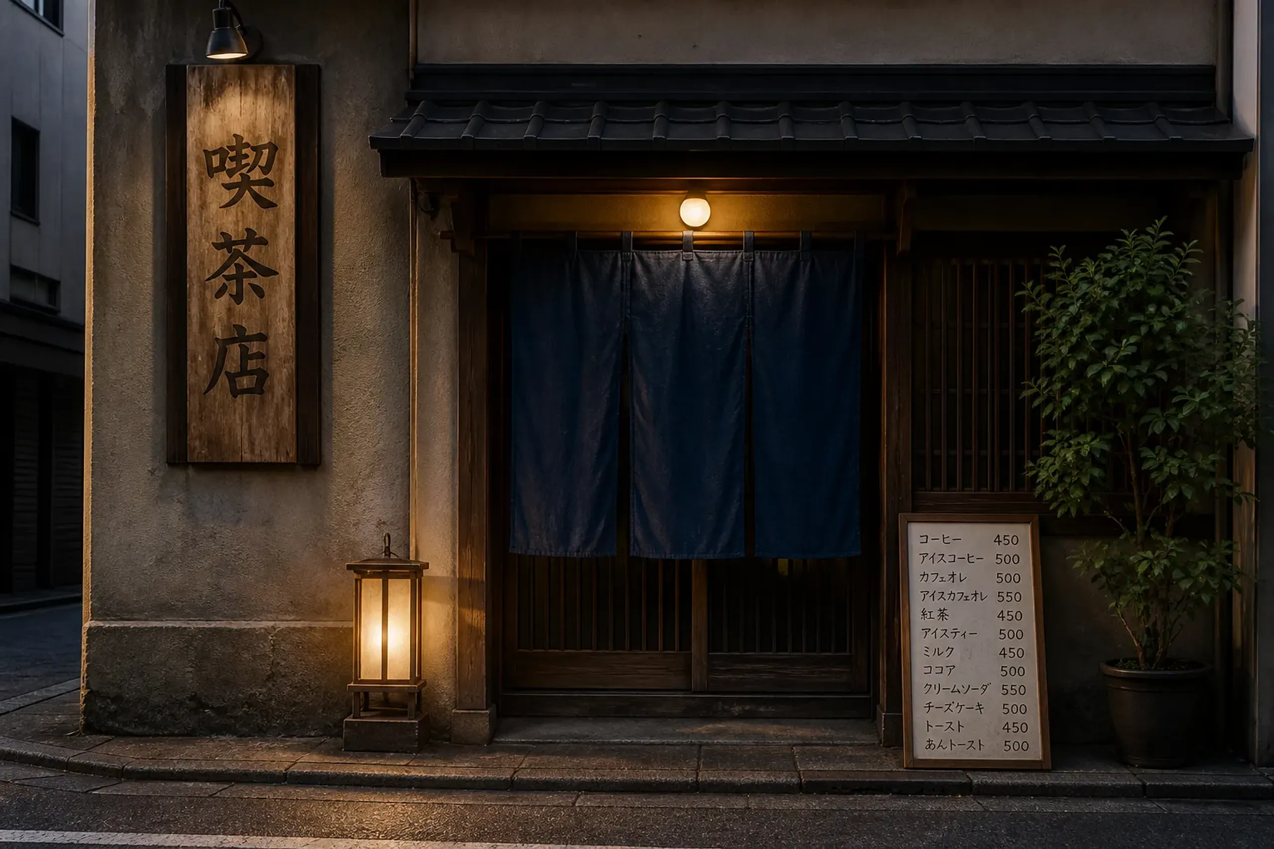 Exterior of a traditional Japanese kissaten with noren curtain and 喫茶店 signage