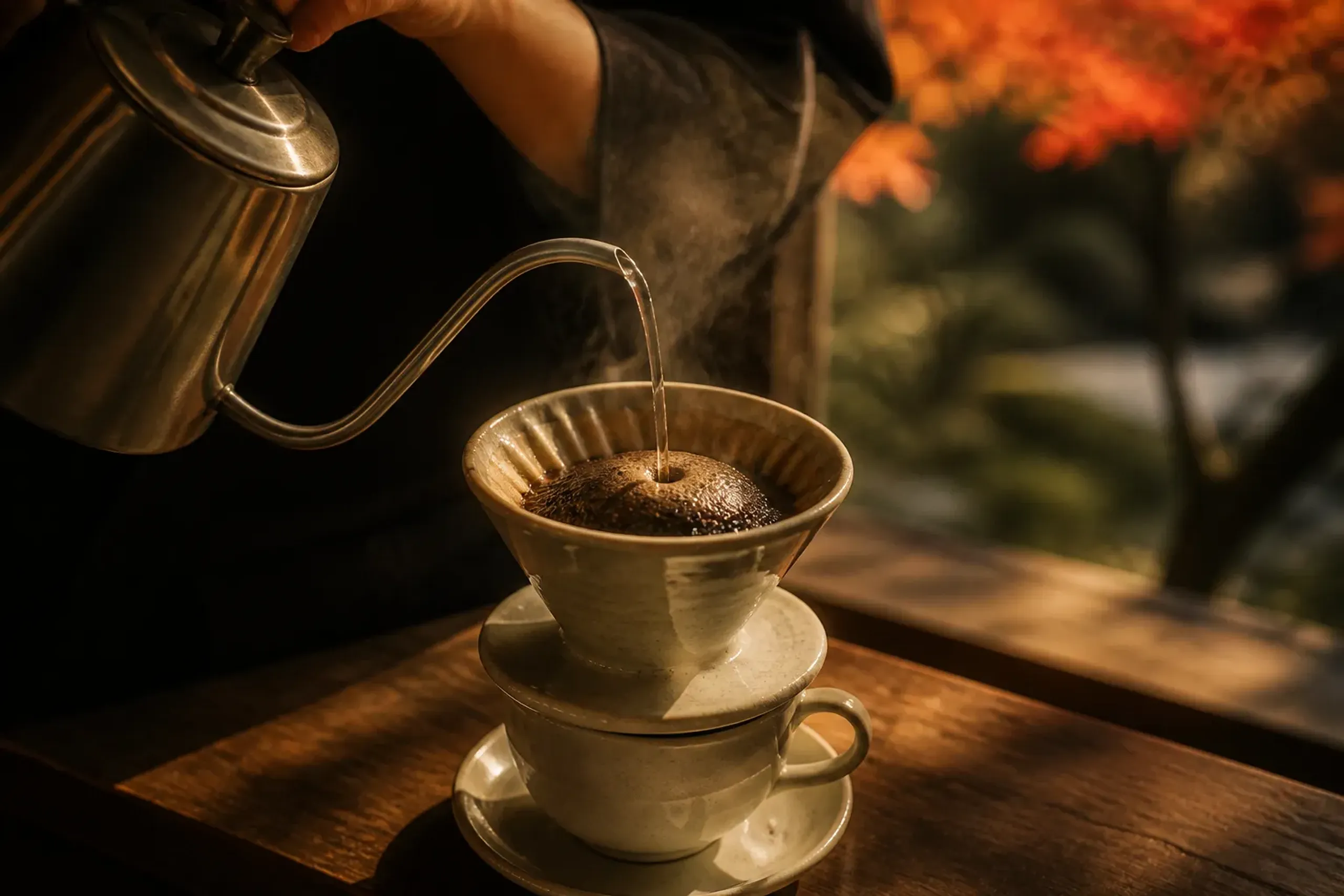 Hands pouring hand-drip coffee into a porcelain cup in a dimly lit kissaten