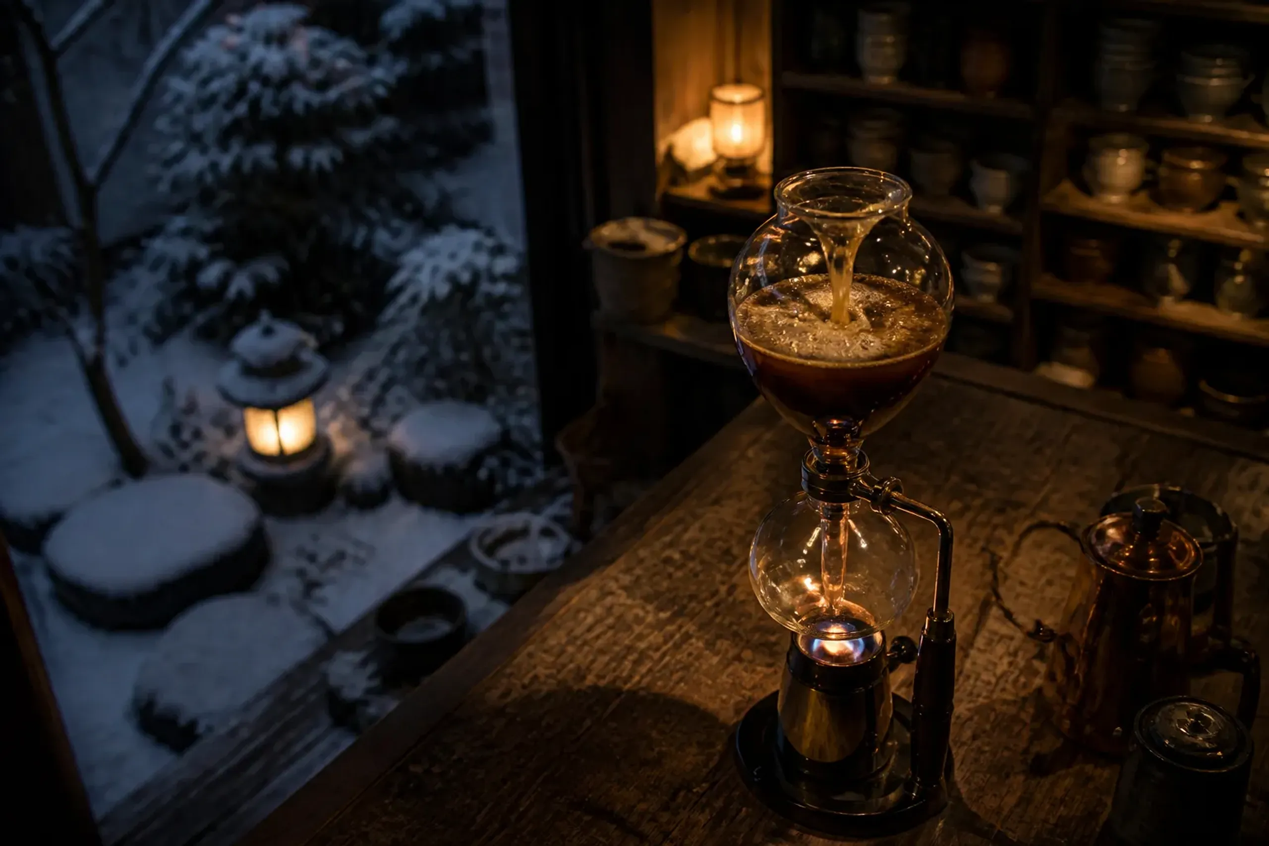 Syphon coffee maker brewing coffee on a counter with a small flame beneath