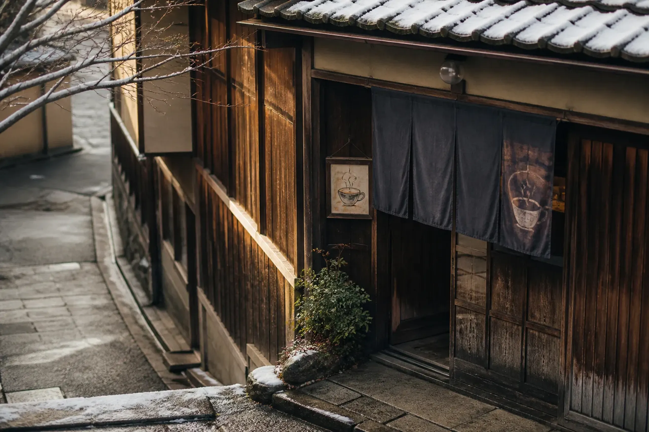 A Shōwa-era kissaten storefront tucked along a narrow Kyoto side street, marked only by a hanging noren curtain and a small hand-painted coffee sign beside a worn wooden door