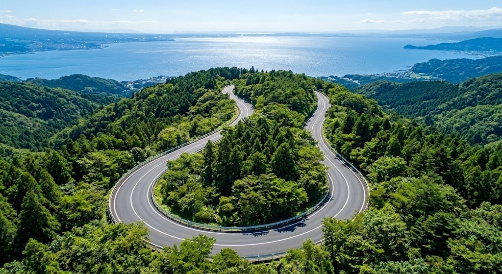 Winding coastal road snakes through dense green hills, with the blue sea in the distance and clear sky above.