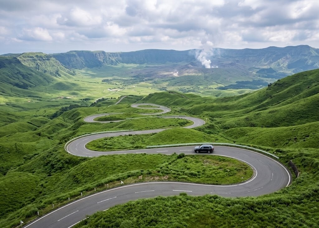 Winding mountain road cuts through lush green hills with a single car navigating a sharp bend.