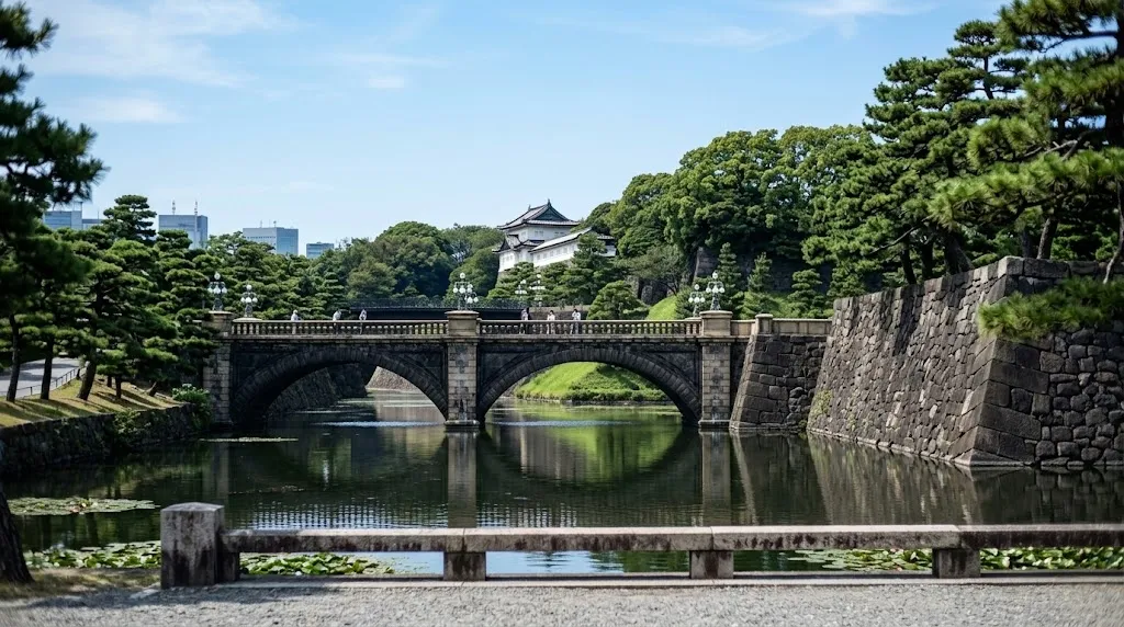 The historic stone double arched Nijubashi Bridge spans a calm green moat surrounded by ancient walls and meticulously manicured pine trees at the Tokyo Imperial Palace grounds.
