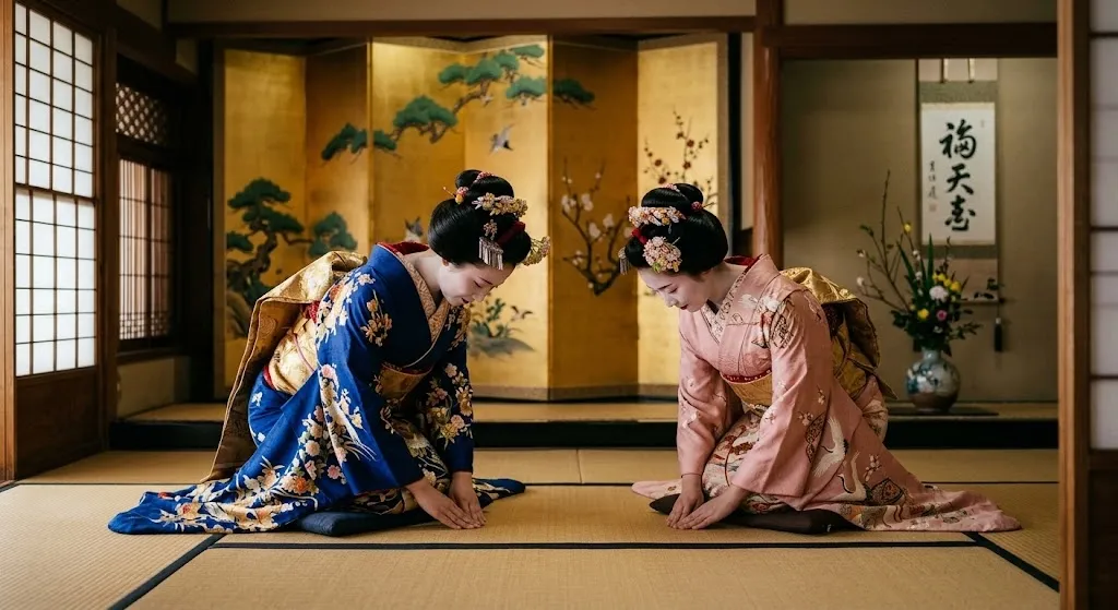 Two elegant geishas in stunning traditional blue and pink silk kimonos kneel and bow gracefully on a pristine tatami floor inside a historic golden-lit room.