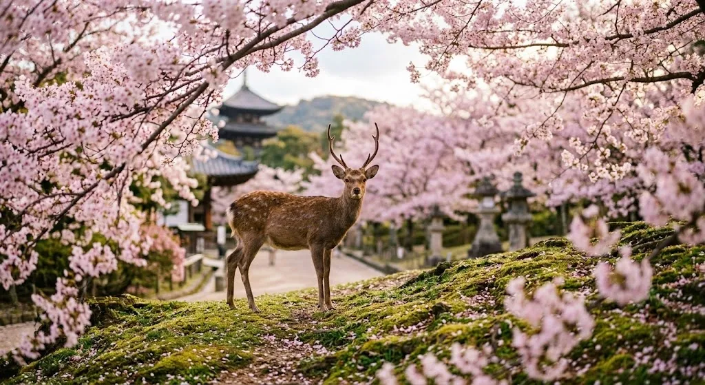 A beautiful brown deer stands gracefully on a mossy knoll in Nara Park, surrounded by a breathtaking canopy of vibrant pink cherry blossoms during peak spring bloom.