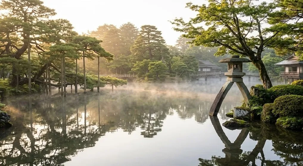 Misty sunrise over Kasumiga-ike pond in Kenrokuen Garden, featuring the Kotoji-toro lantern reflection and golden light filtering through ancient pines, completely devoid of crowds.