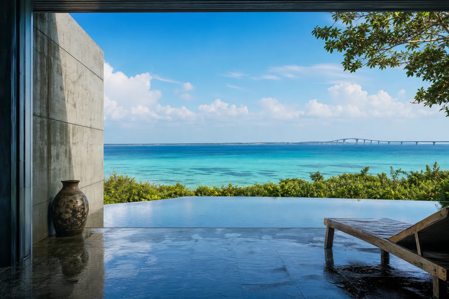 A minimalist private infinity pool merges with the vibrant turquoise and sapphire waters of Miyako Island, showcasing the sophisticated architectural luxury and serene coastal beauty of Japan's premier tropical escape.