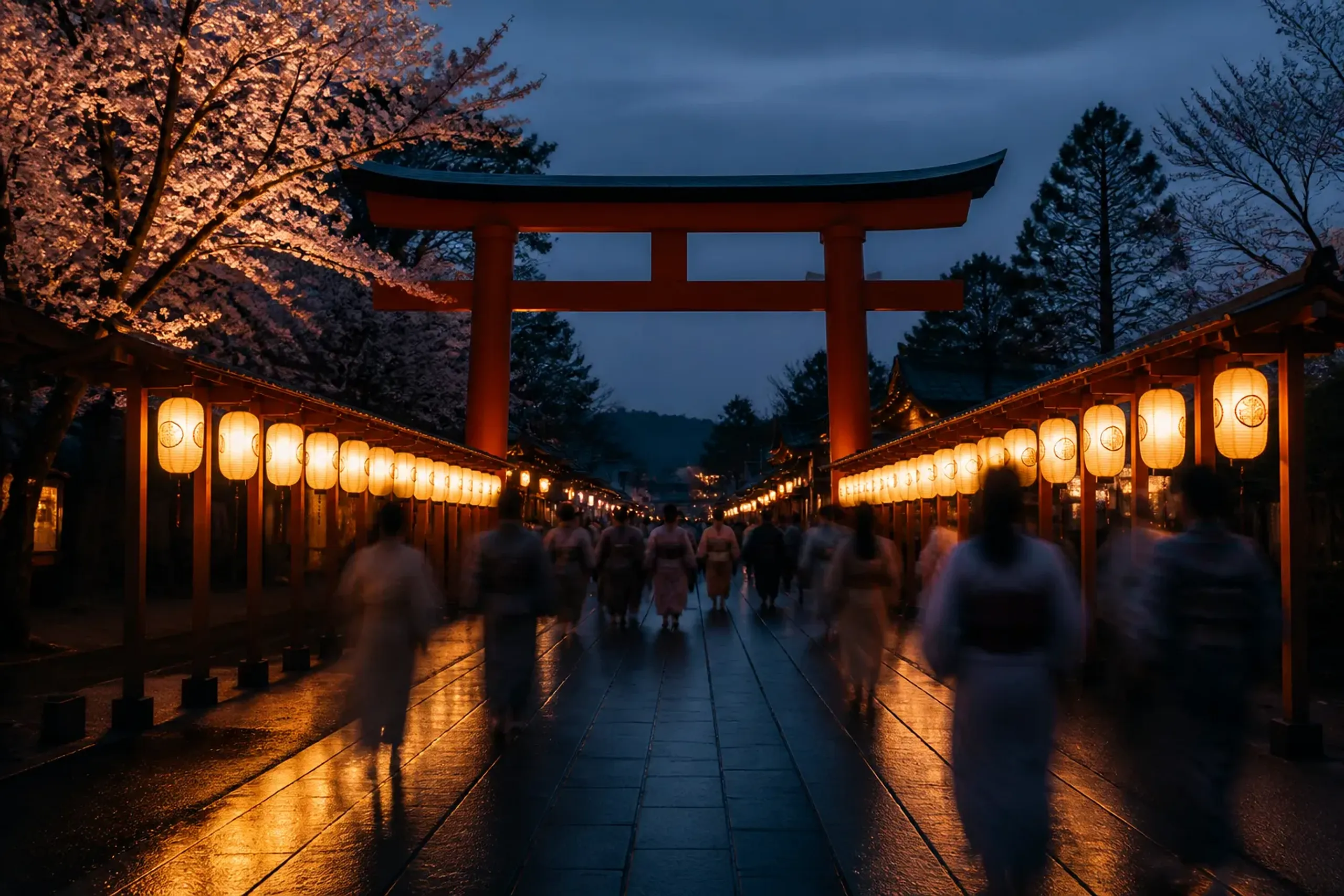 Lantern-lit approach to a shrine during a Japanese matsuri at night with visitors in yukata