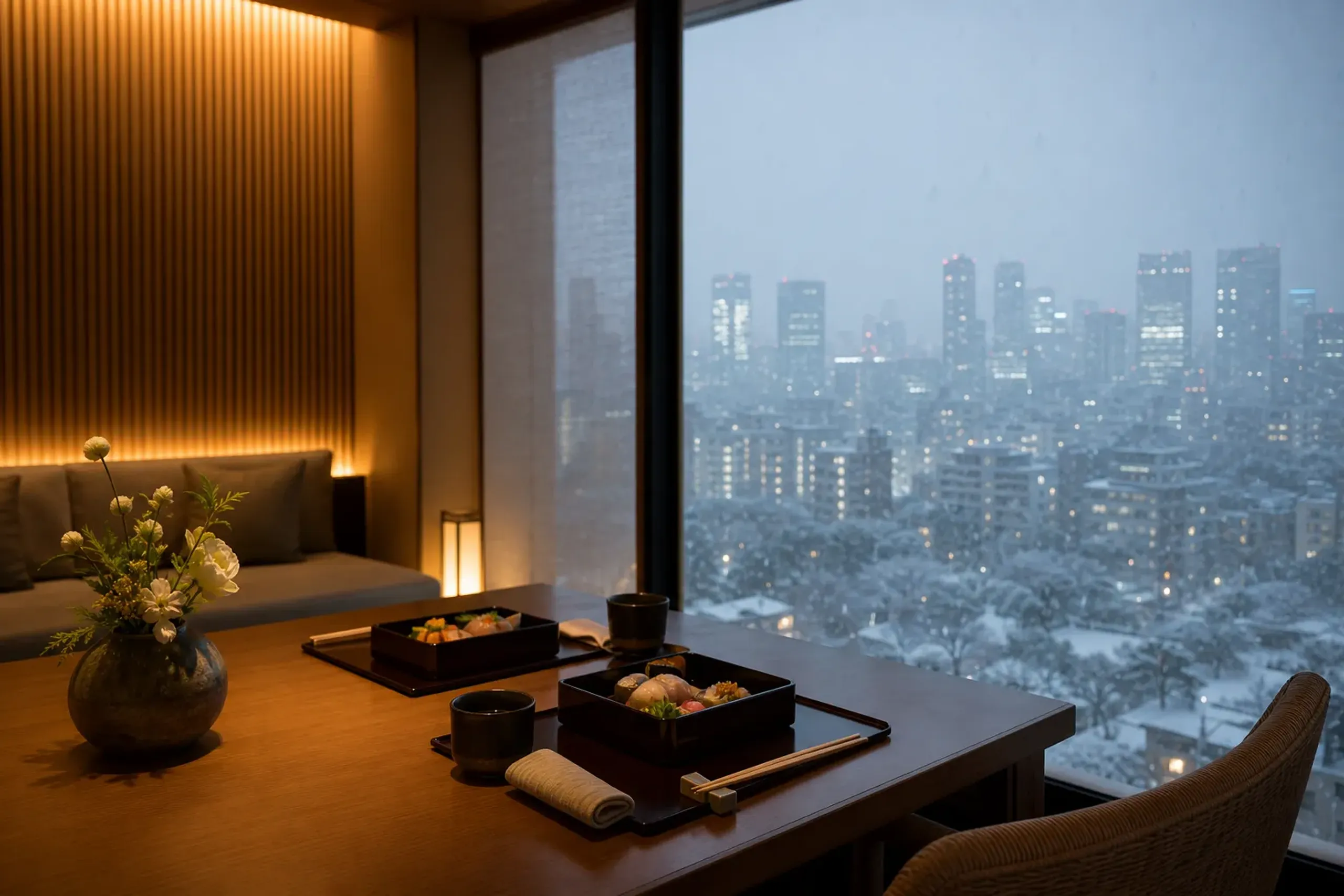 A luxurious Tokyo hotel suite prepared for guests arriving late at night