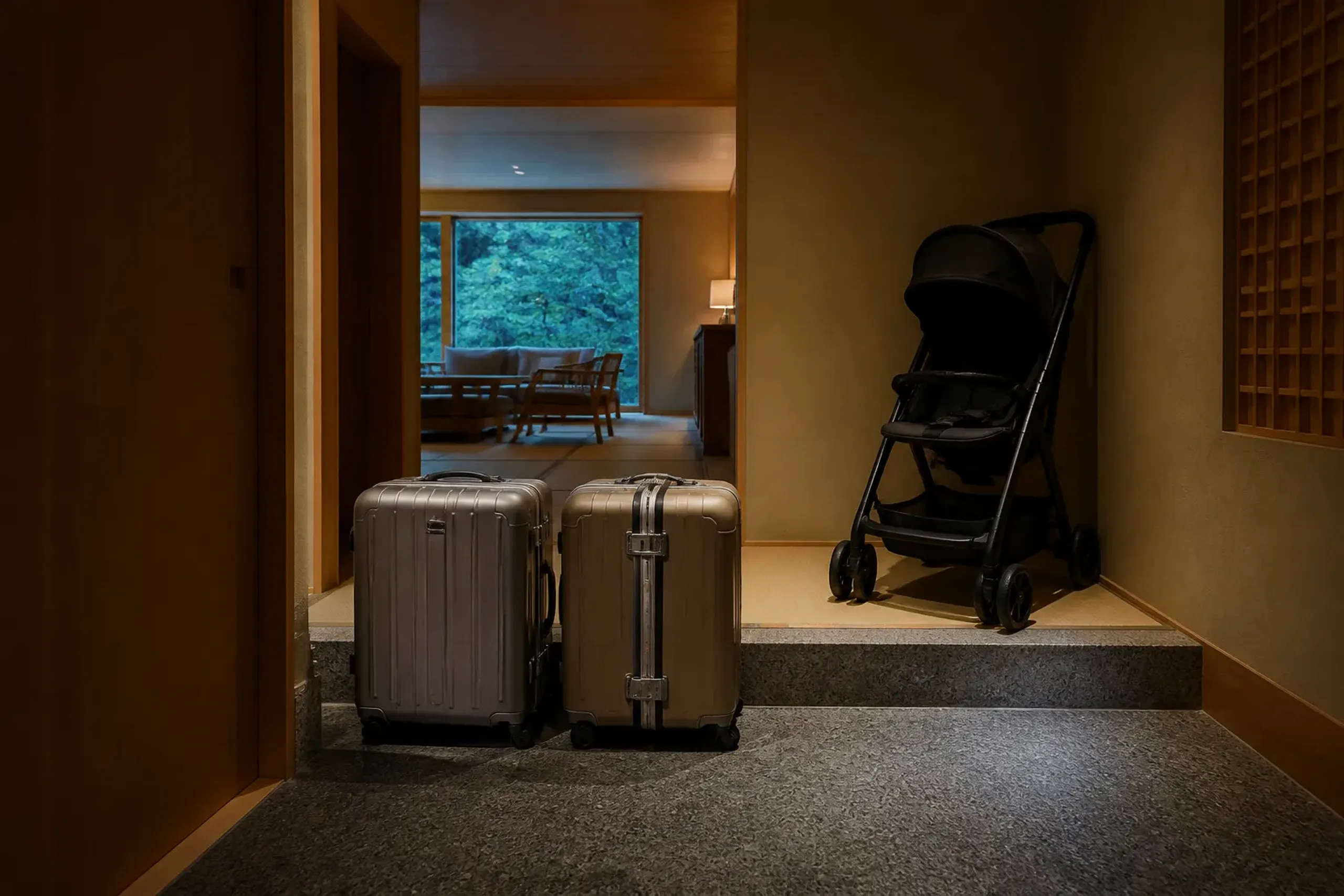Travel luggage and hired equipment waiting in a luxury hotel room in Japan