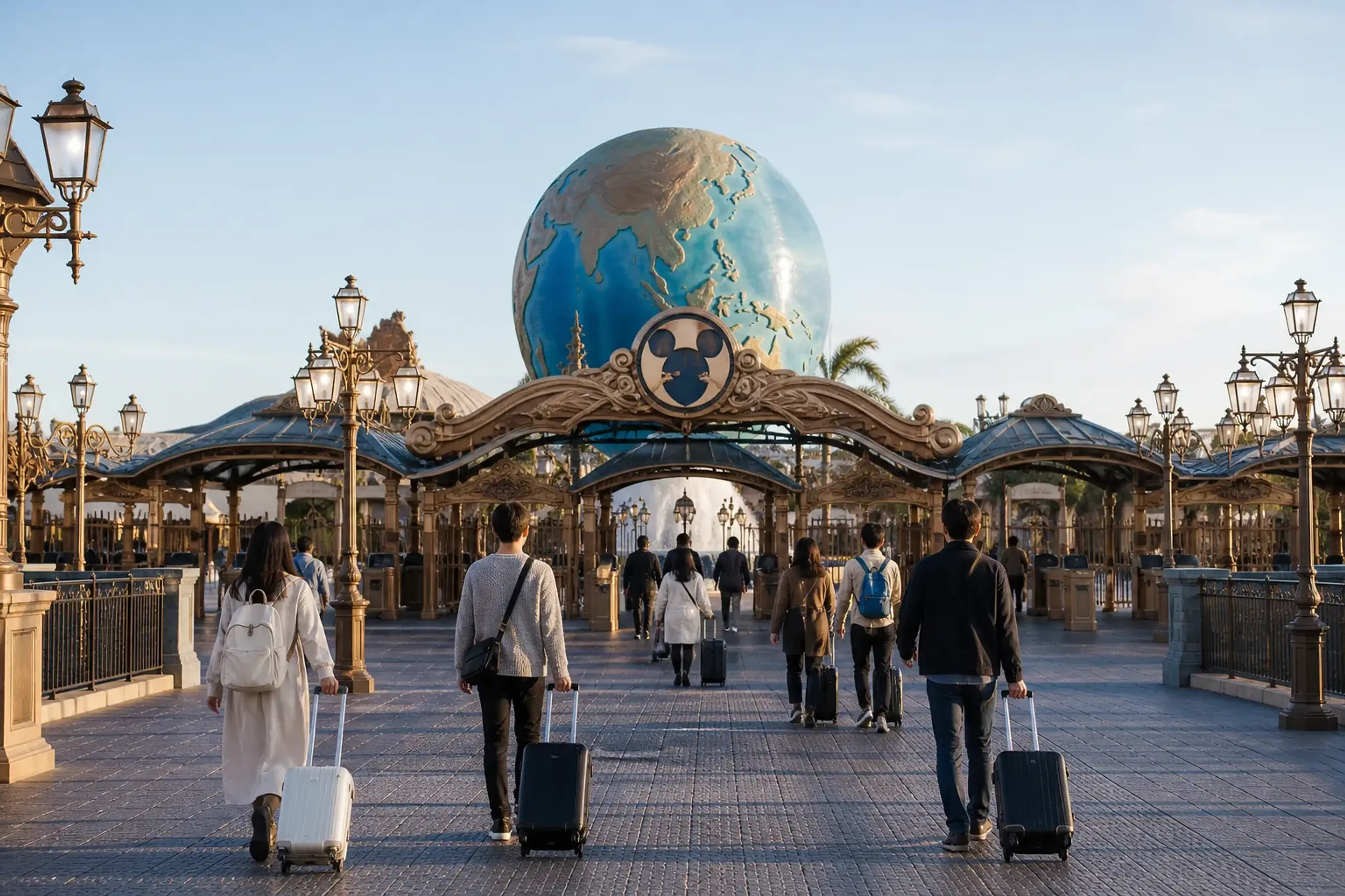 Guests entering Tokyo DisneySea in the morning near the entrance signage