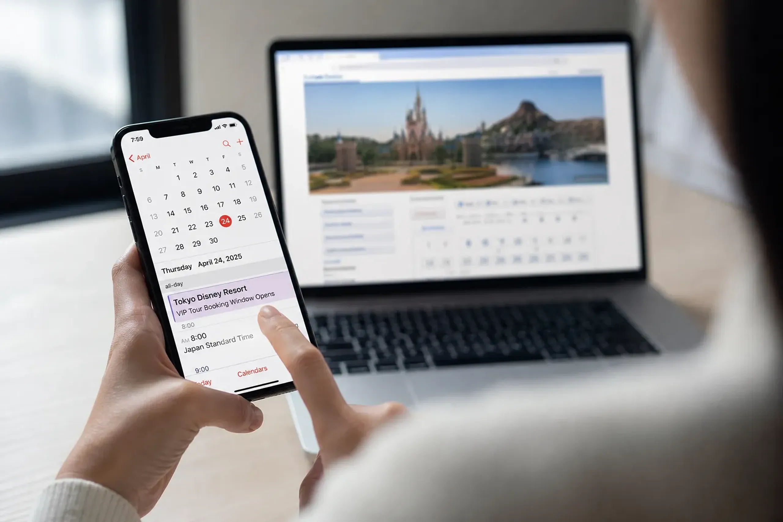 Traveler setting Japan Standard Time booking reminders on a smartphone