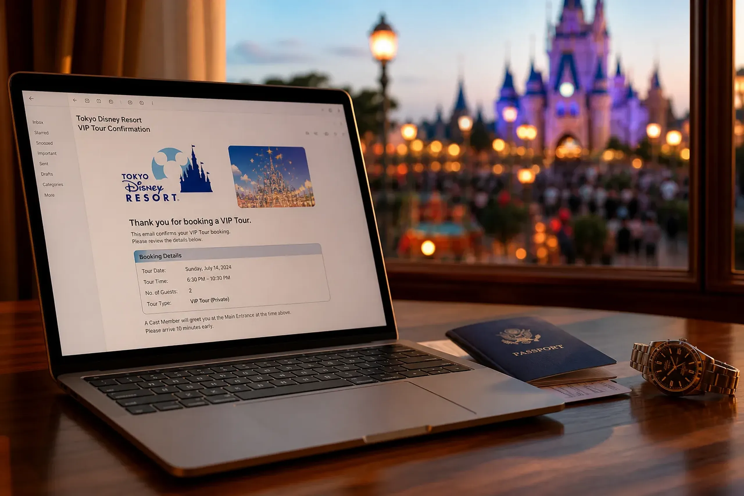 Laptop with reservation confirmation email beside a passport and watch