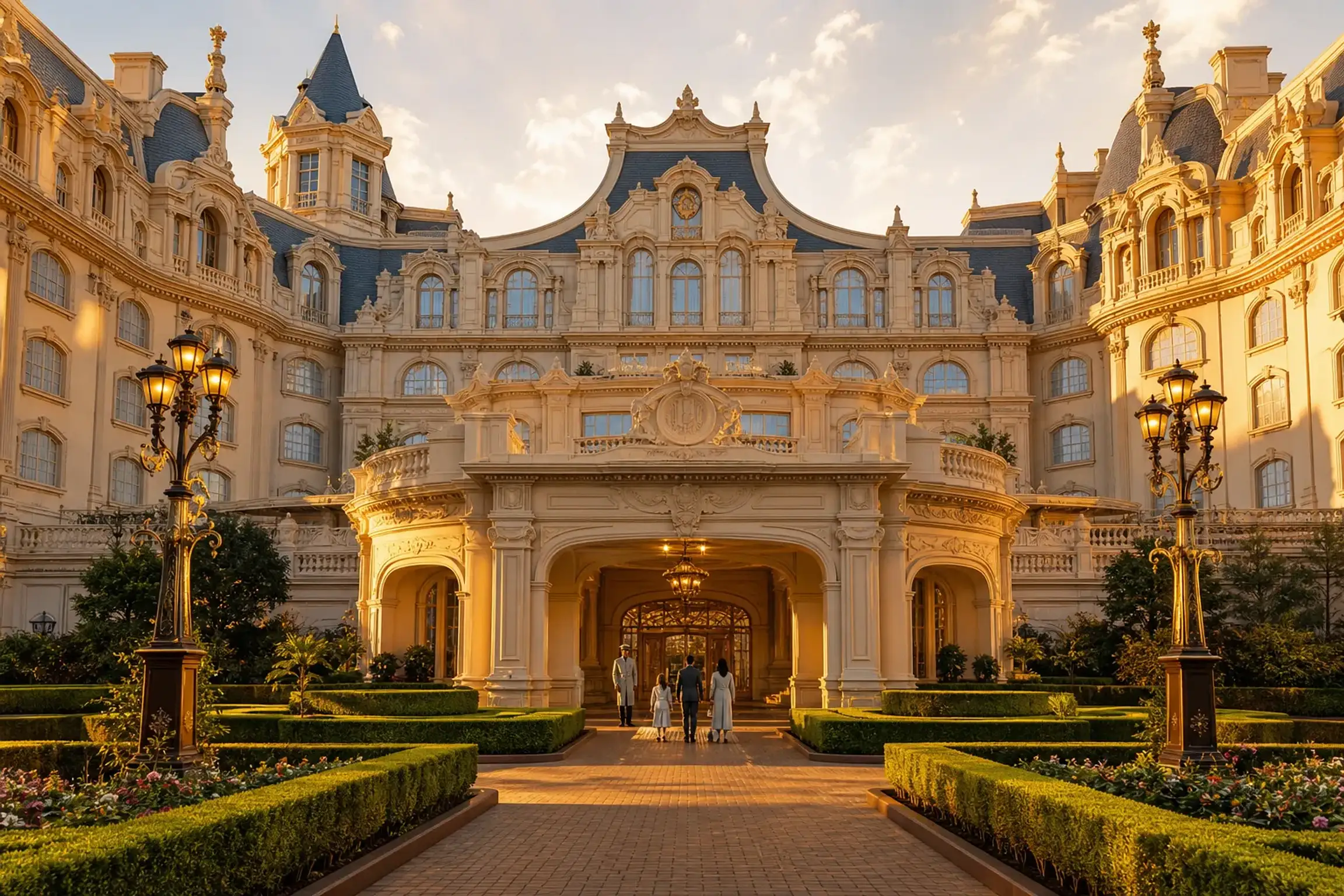 the Grand Chateau luxury suite section of Tokyo DisneySea Fantasy Springs Hotel, with its opulent chateau-style facade and manicured entrance