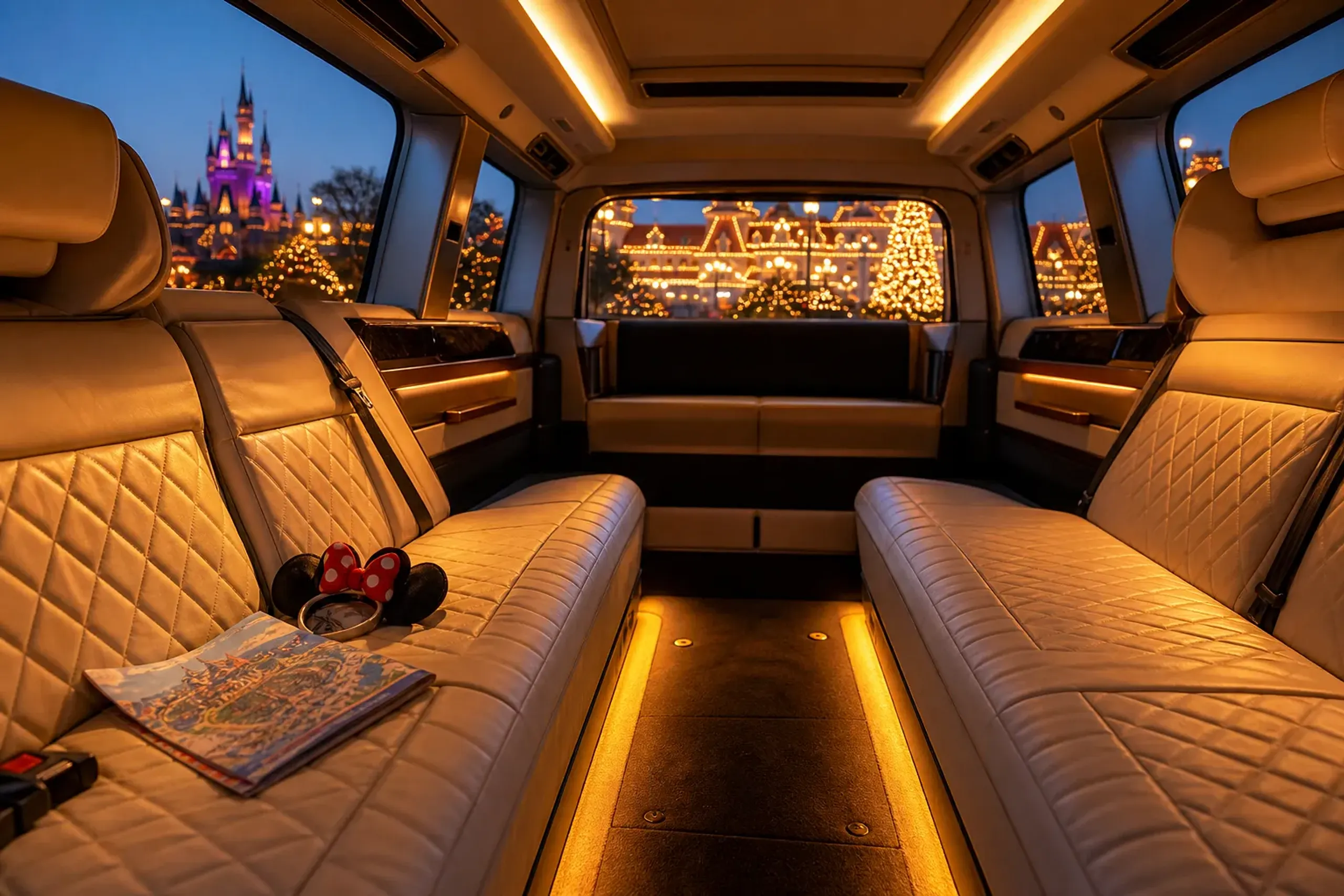 Luxury chauffeured van interior with leather seats and ambient lighting