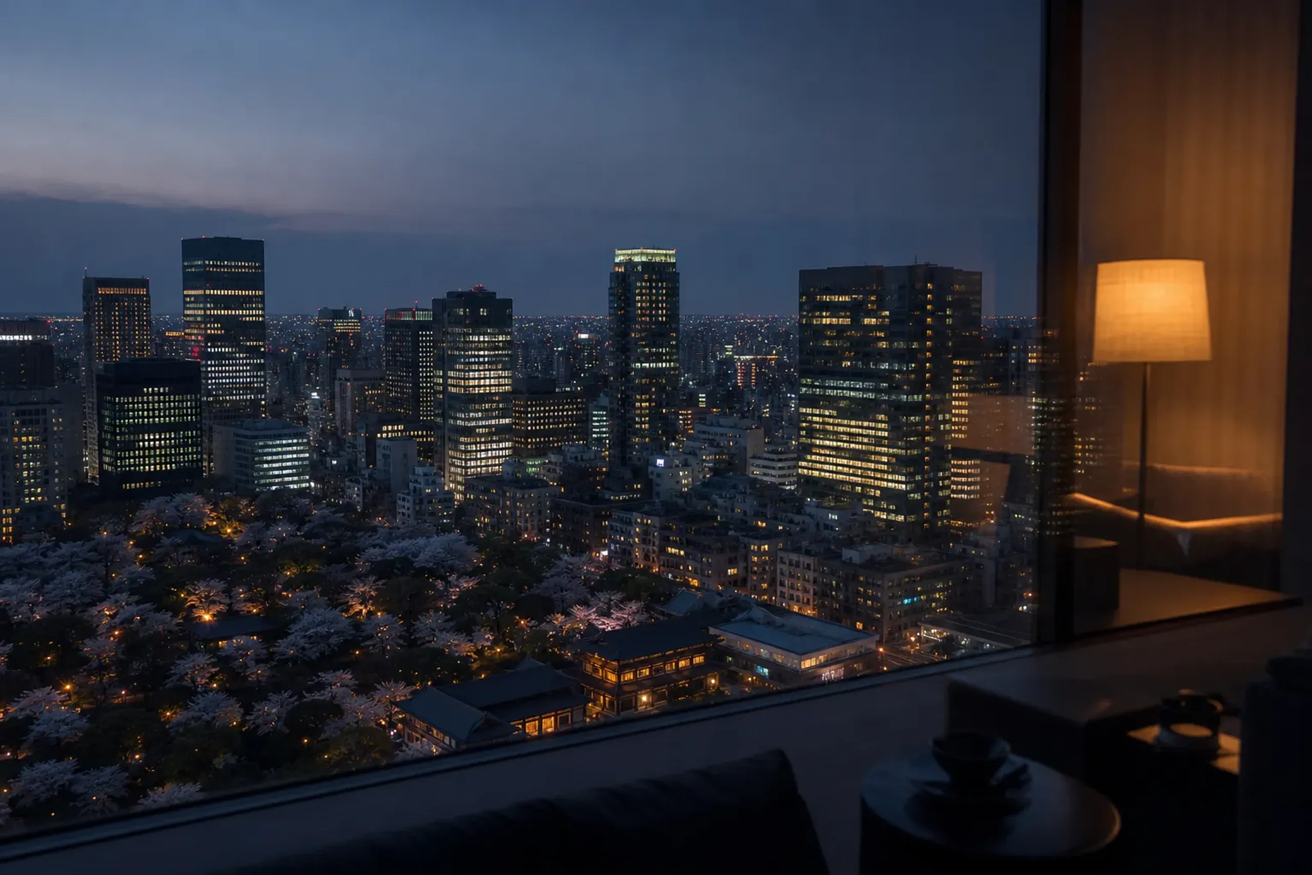 High-floor view over Akasaka Tokyo at dusk with city lights