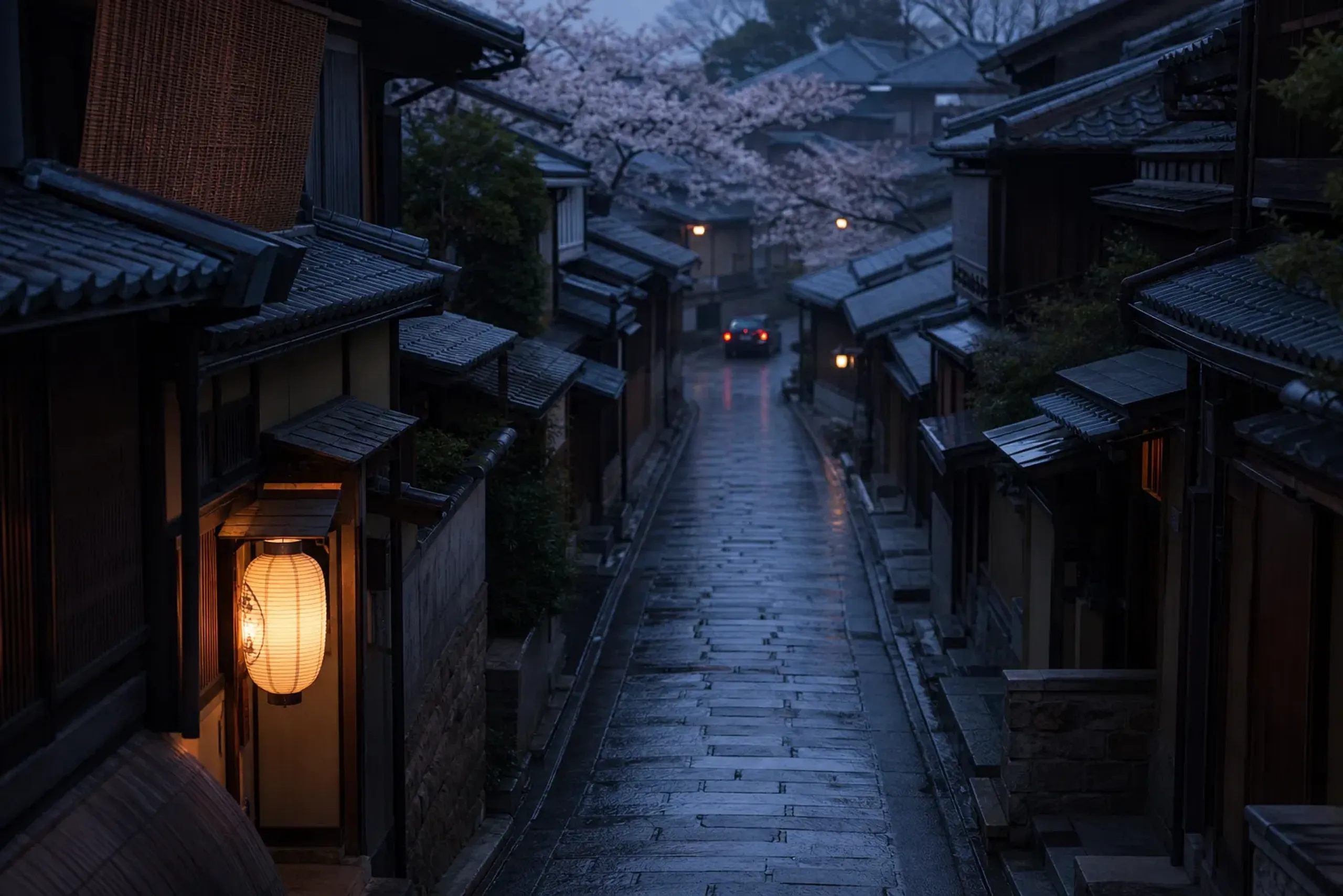 Empty Kyoto lane near Gion in early morning light with traditional wooden buildings