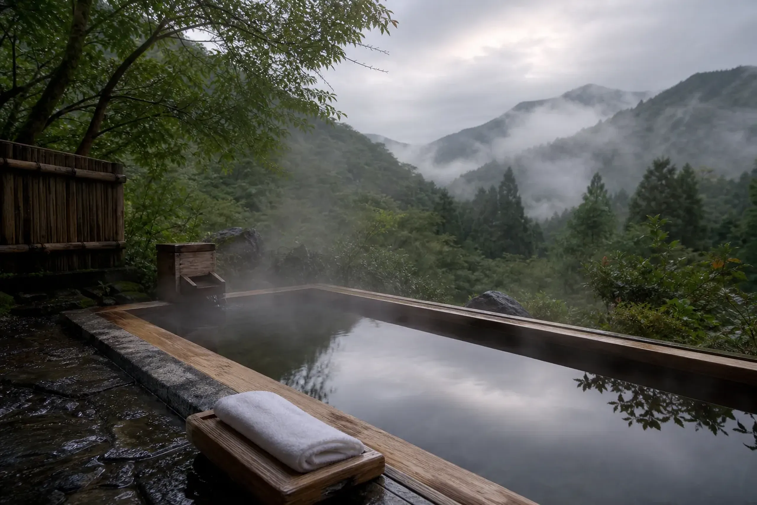 Private open-air onsen bath with steam rising and forested hills in the background