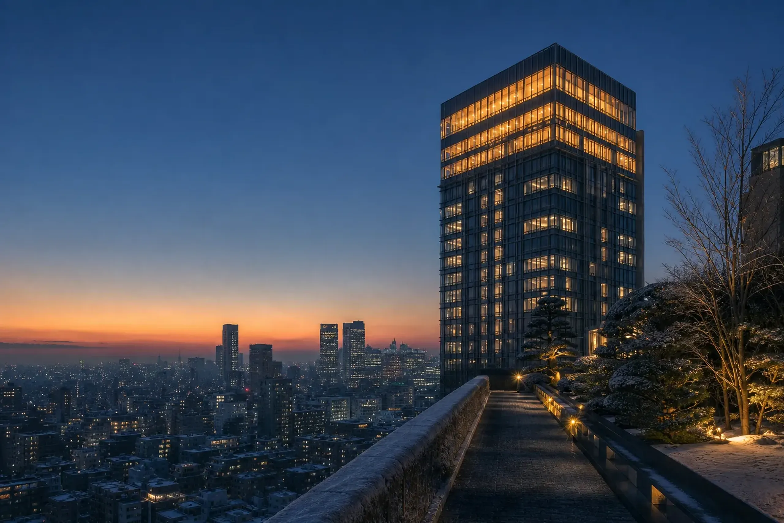 The illuminated top floors (38th–43rd) of the Akasaka Trust Tower housing 1 Hotel Tokyo, glowing against the Tokyo skyline at dusk