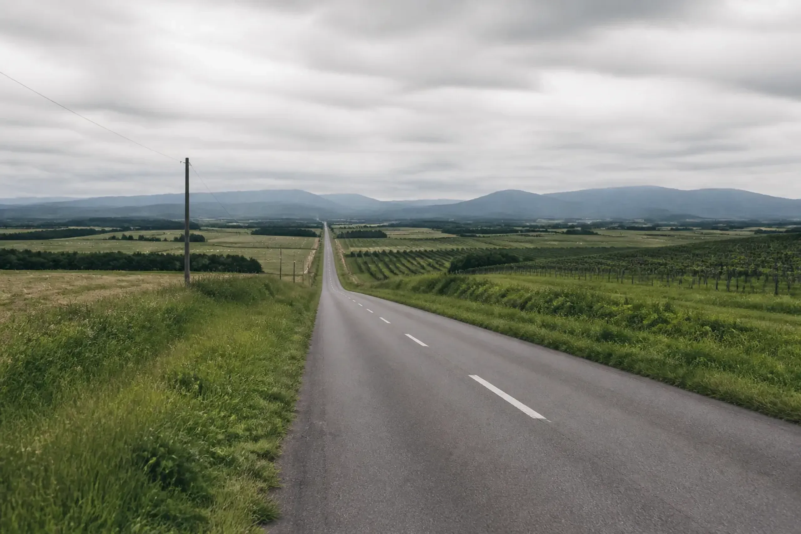 Rural road in Hokkaido connecting countryside wine areas