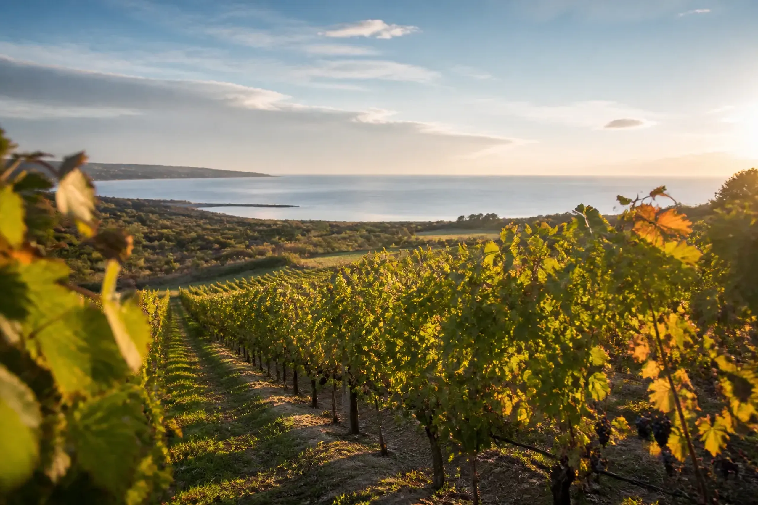 Rows of cool-climate grapevines on the coastal hillside slopes above Yoichi Town, west of Sapporo, with the Sea of Japan visible in the distance under sharp early-autumn light