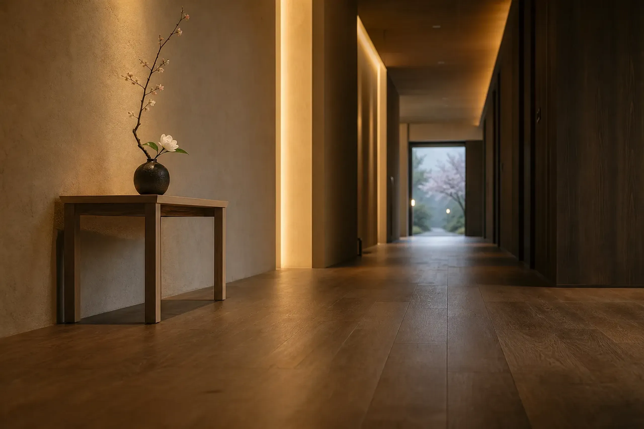 Minimalist Japanese luxury hotel corridor with soft lighting and an ikebana arrangement