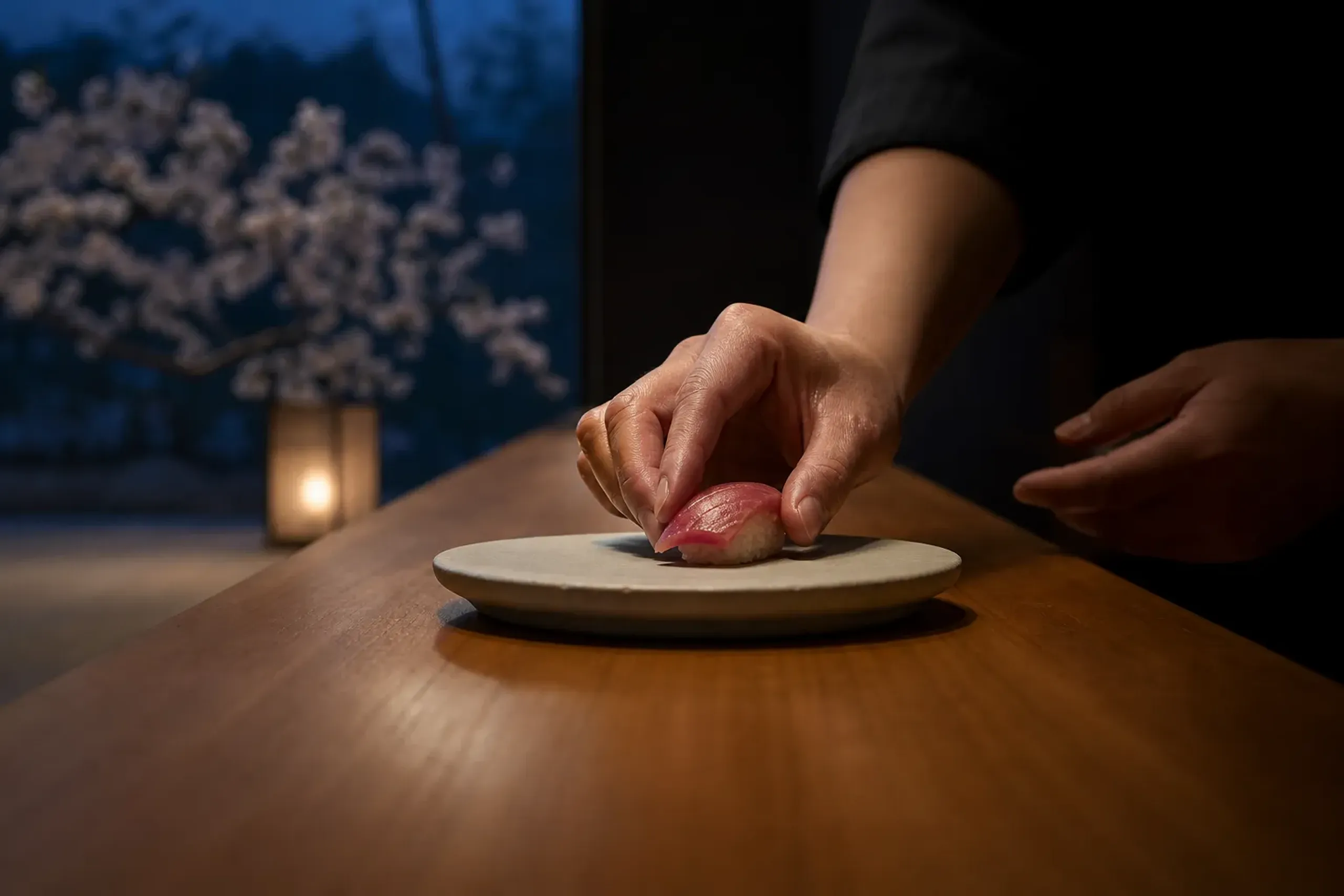 Sushi chef hands placing nigiri on a wooden counter in an intimate omakase setting