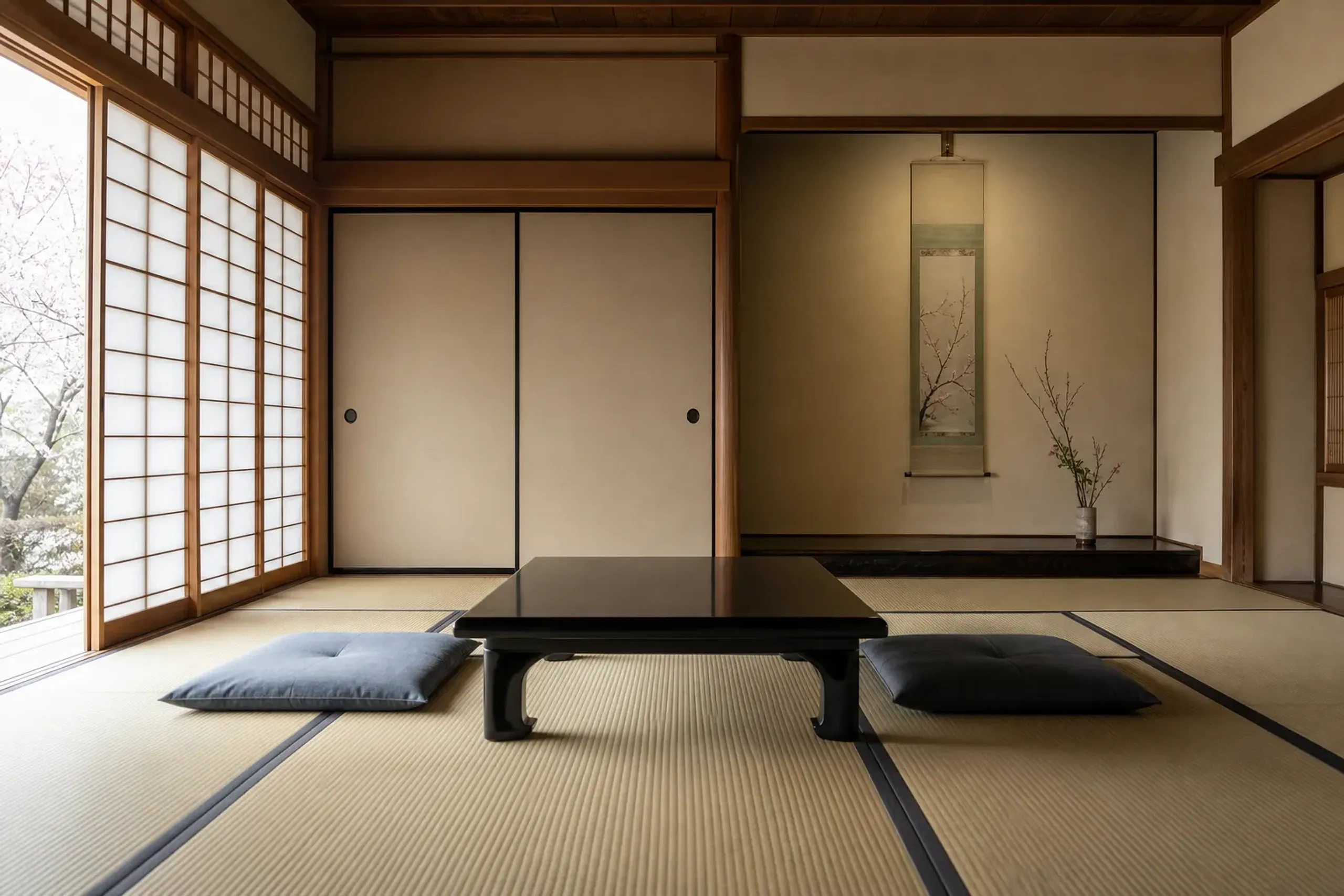 Ryokan tatami room with shoji screens, low table, and tokonoma alcove
