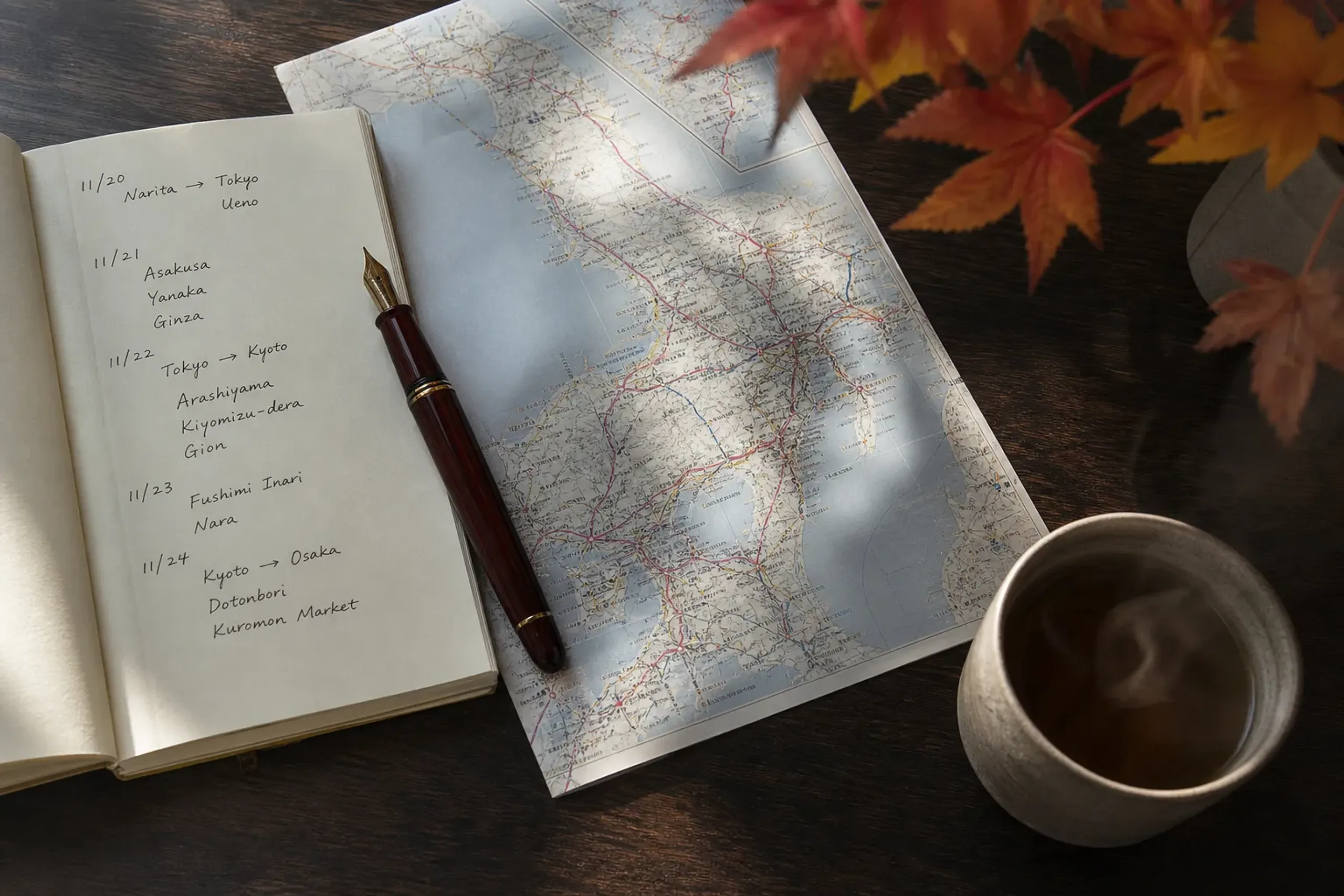 Notebook and Japan map used to plan 2025–2026 luxury hotel openings itinerary