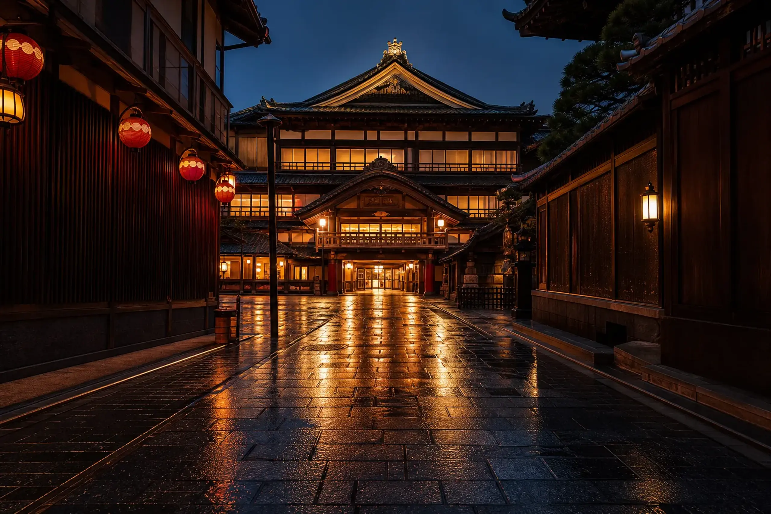 Yasaka Kaikan building exterior in Kyoto Gion at dusk with wet stone pavement