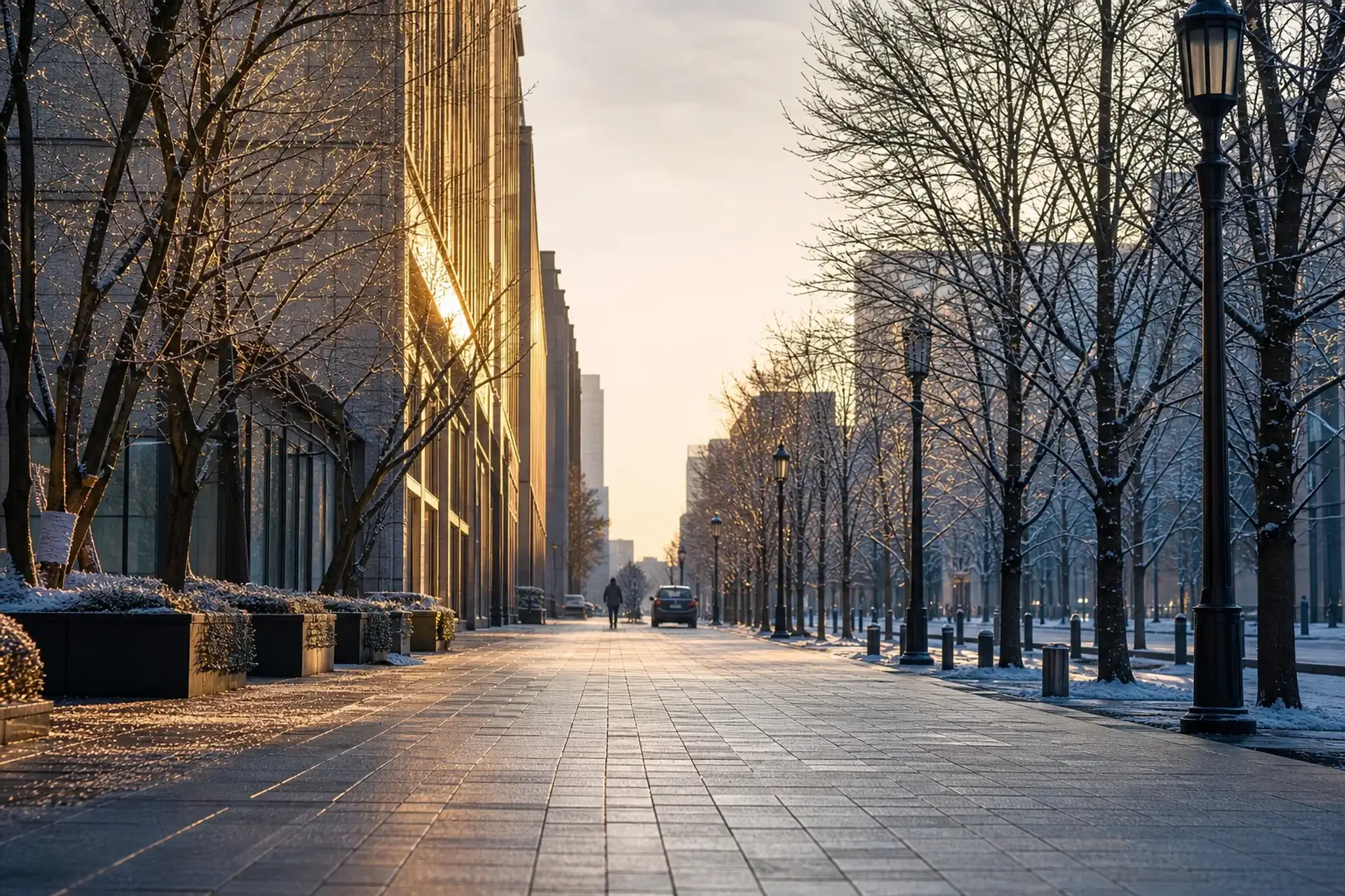 Wide quiet Marunouchi street in Tokyo early morning with soft sunlight