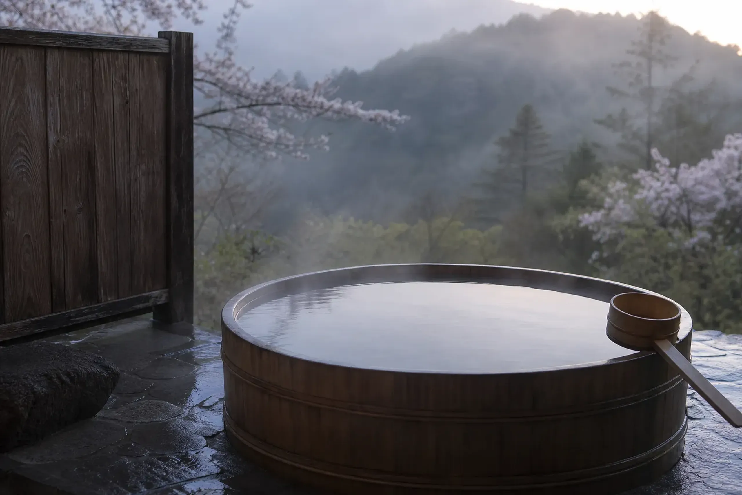 Private terrace onsen bath in Hakone with steam and forest view