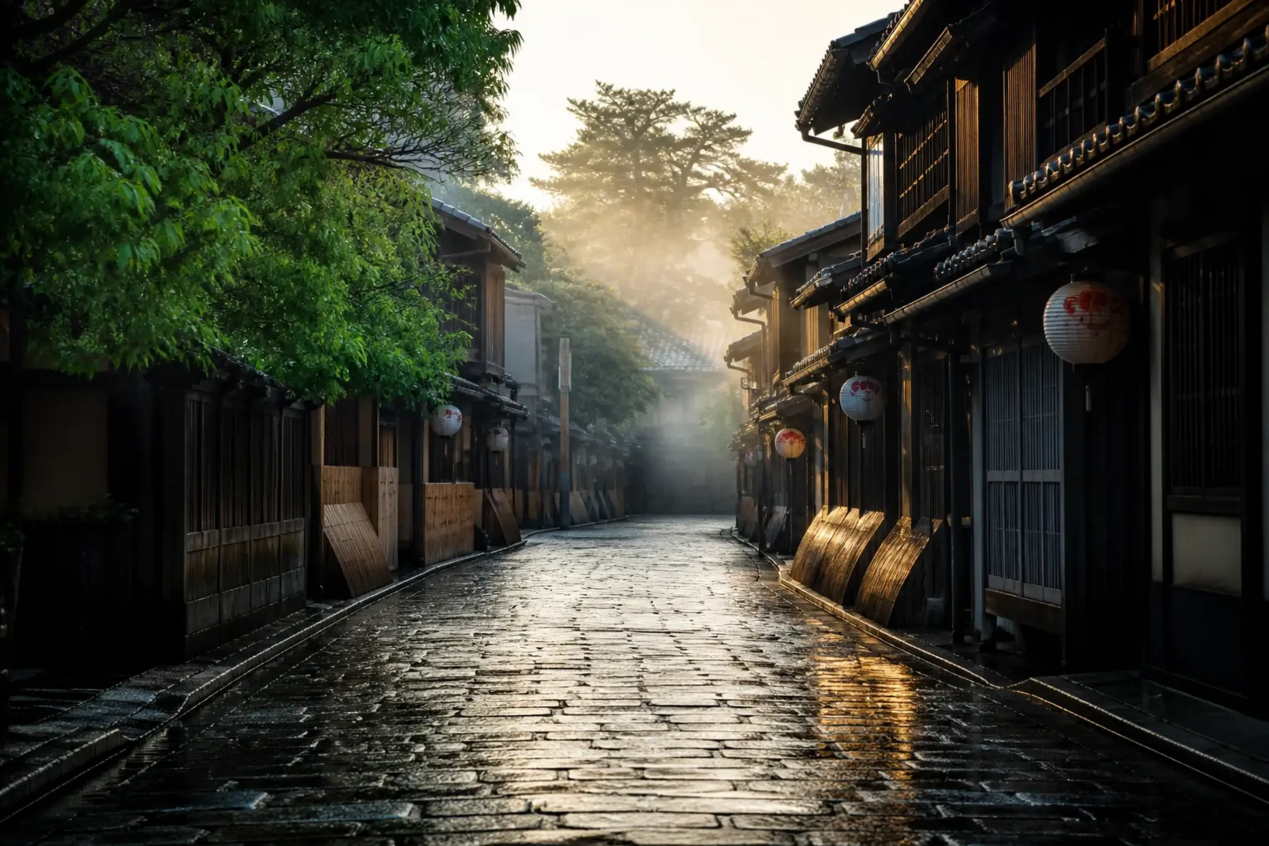 Empty stone lane in Kyoto's Gion district at dawn with traditional wooden buildings
