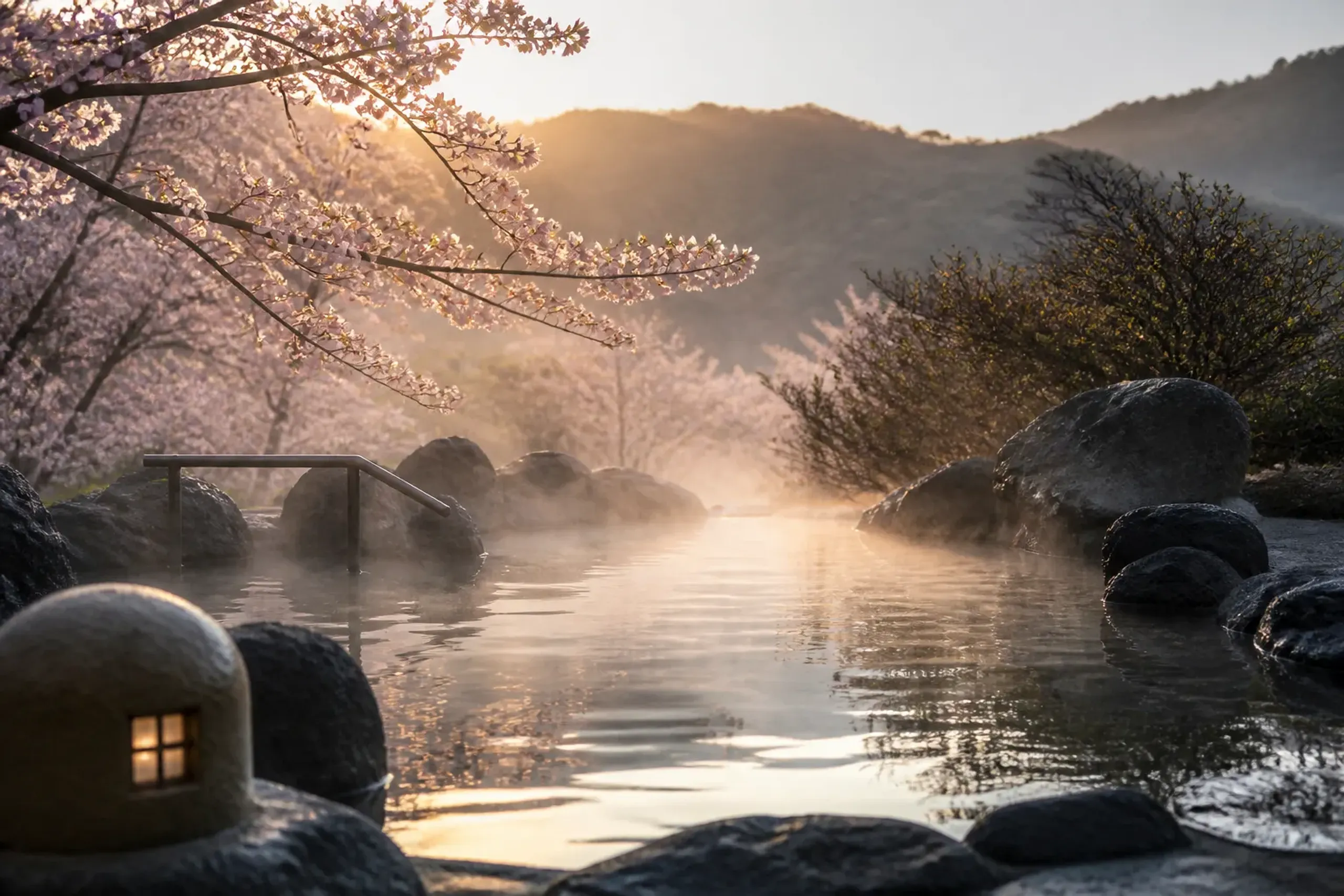Steaming outdoor onsen bath surrounded by cedar and autumn foliage in Hakone