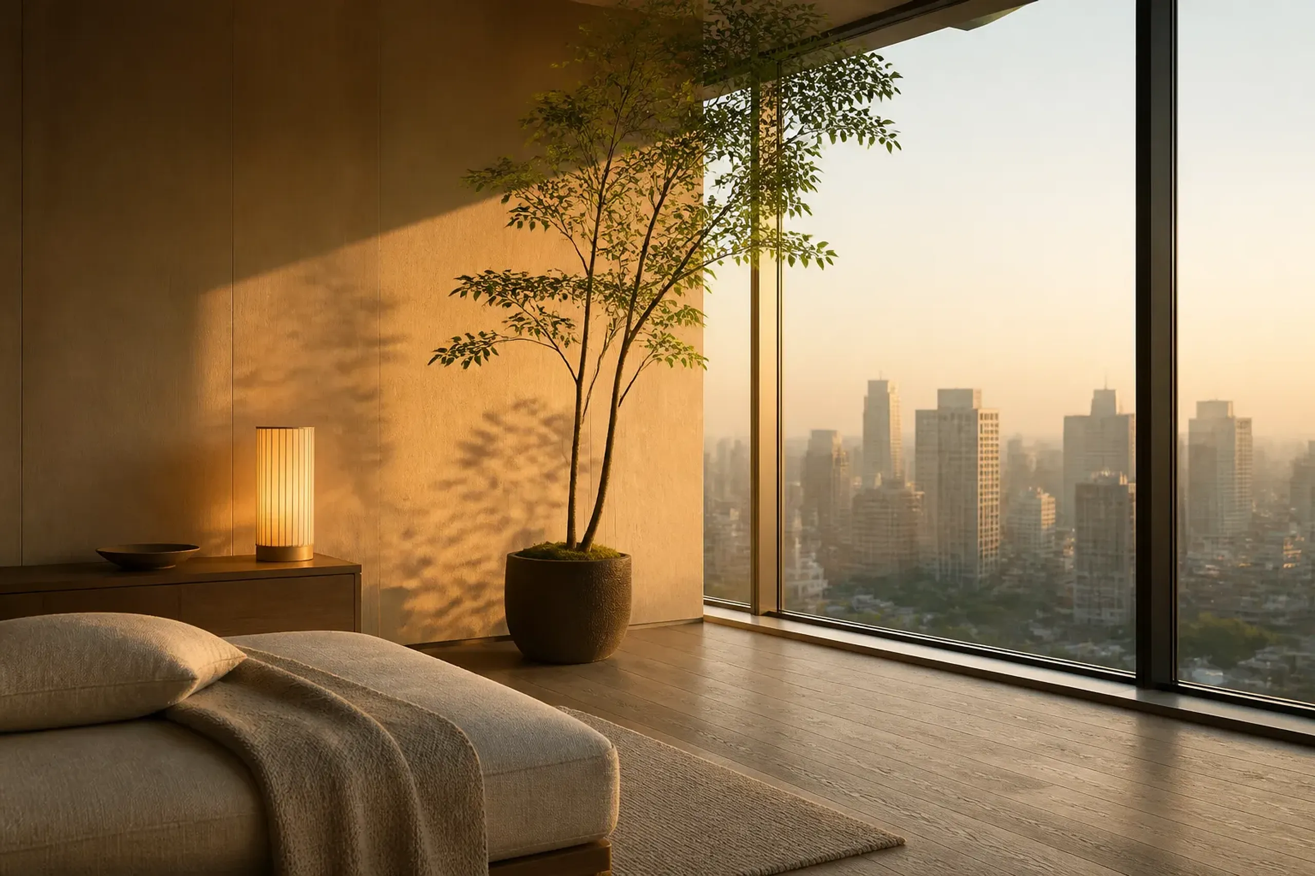 Modern Tokyo luxury hotel room with natural materials, greenery and a skyline view
