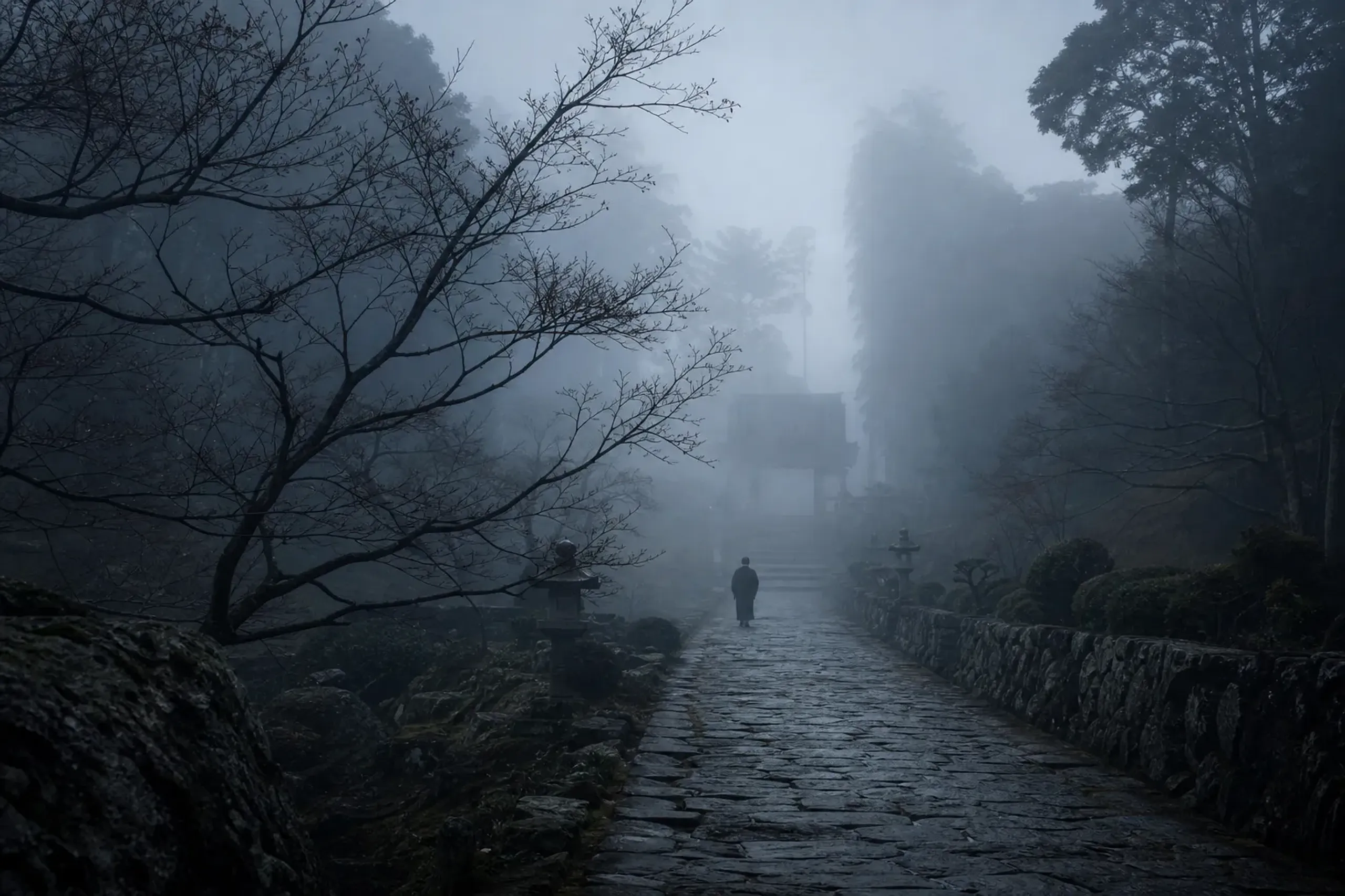 Quiet winter morning path to a temple gate in Kyoto with soft fog and no crowds