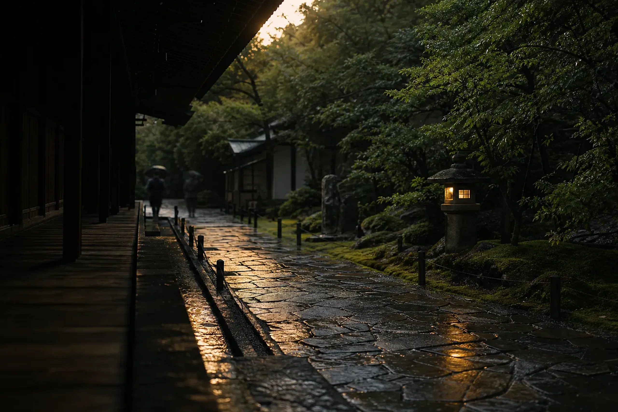Softly illuminated temple garden path in Kyoto at night with deep shadows and few visitors