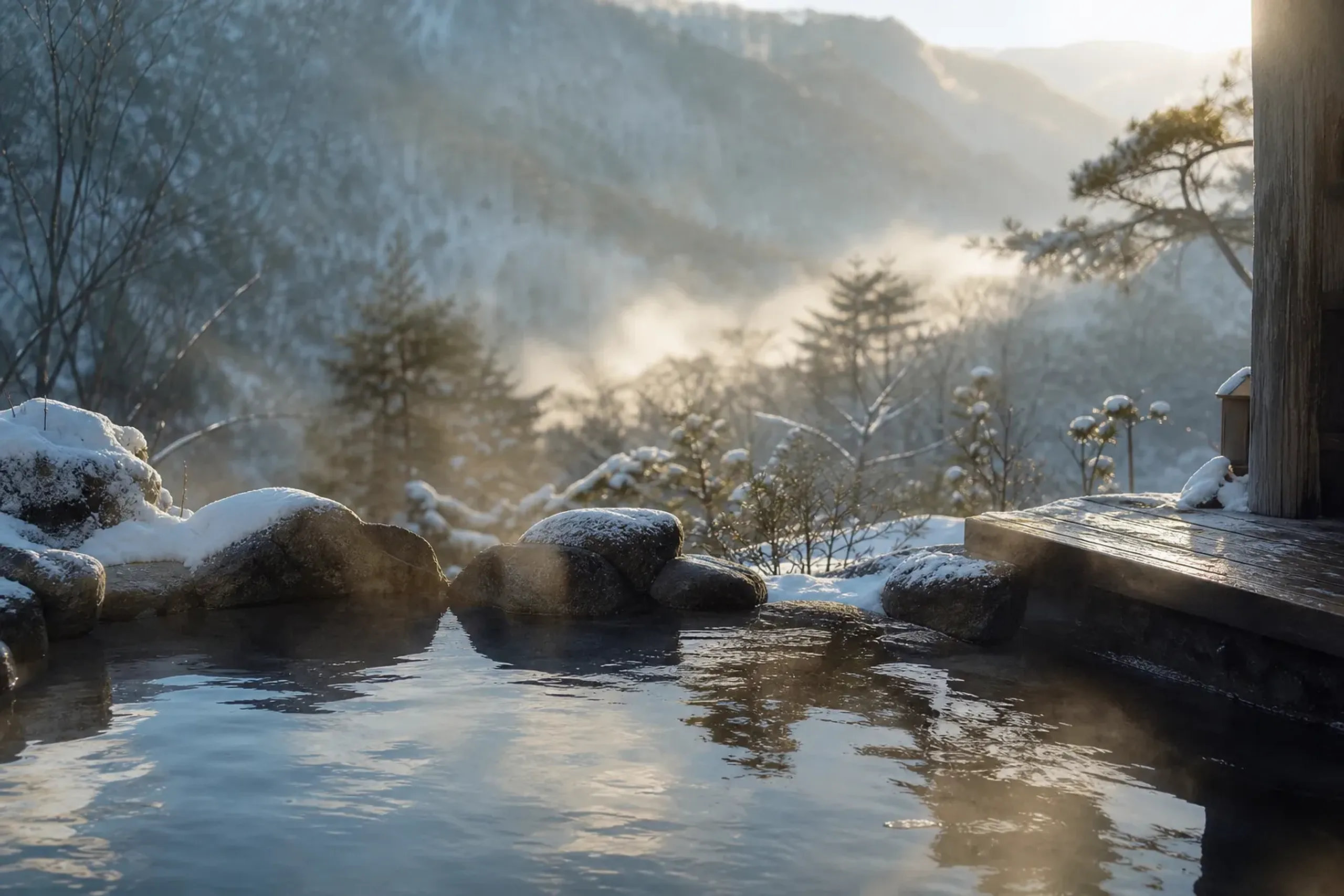 Steam rising from an outdoor hot spring bath in winter with snow-dusted rocks and dawn light