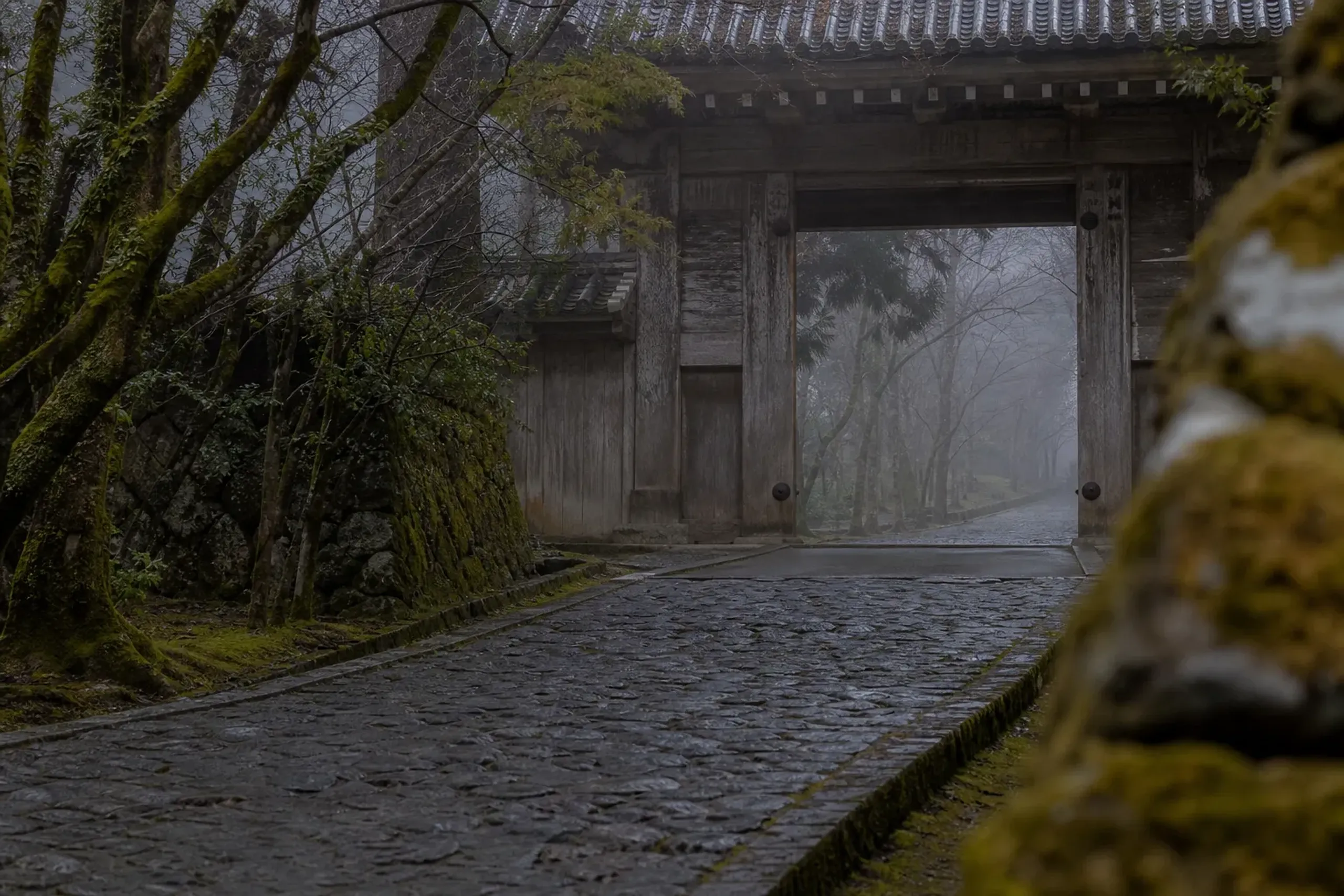 Quiet winter morning path to a temple gate in Kyoto with soft fog and no crowds
