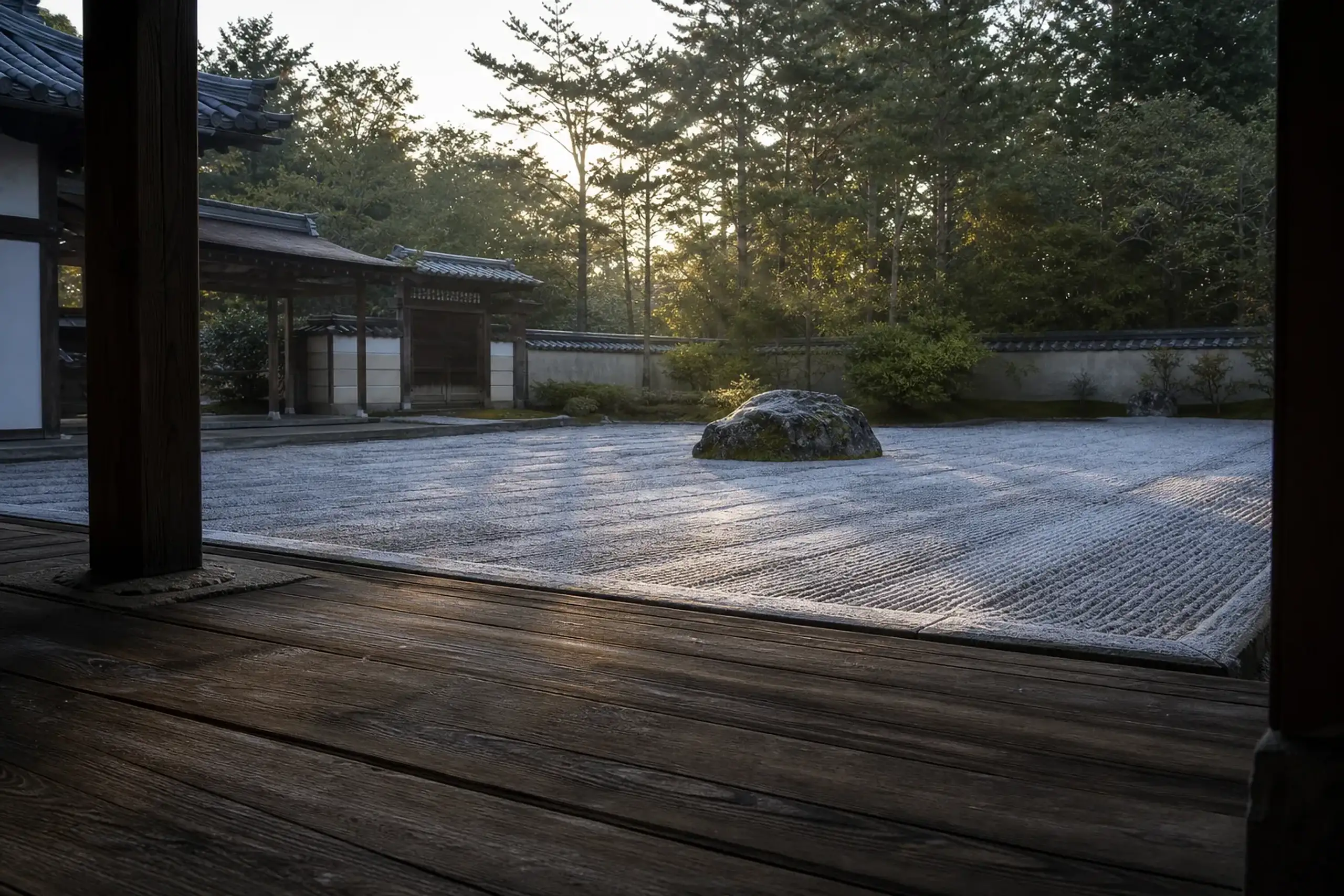 A frost-edged, empty Zen gravel garden in Kyoto at first light, viewed through the wooden veranda of a temple before the crowds arrive