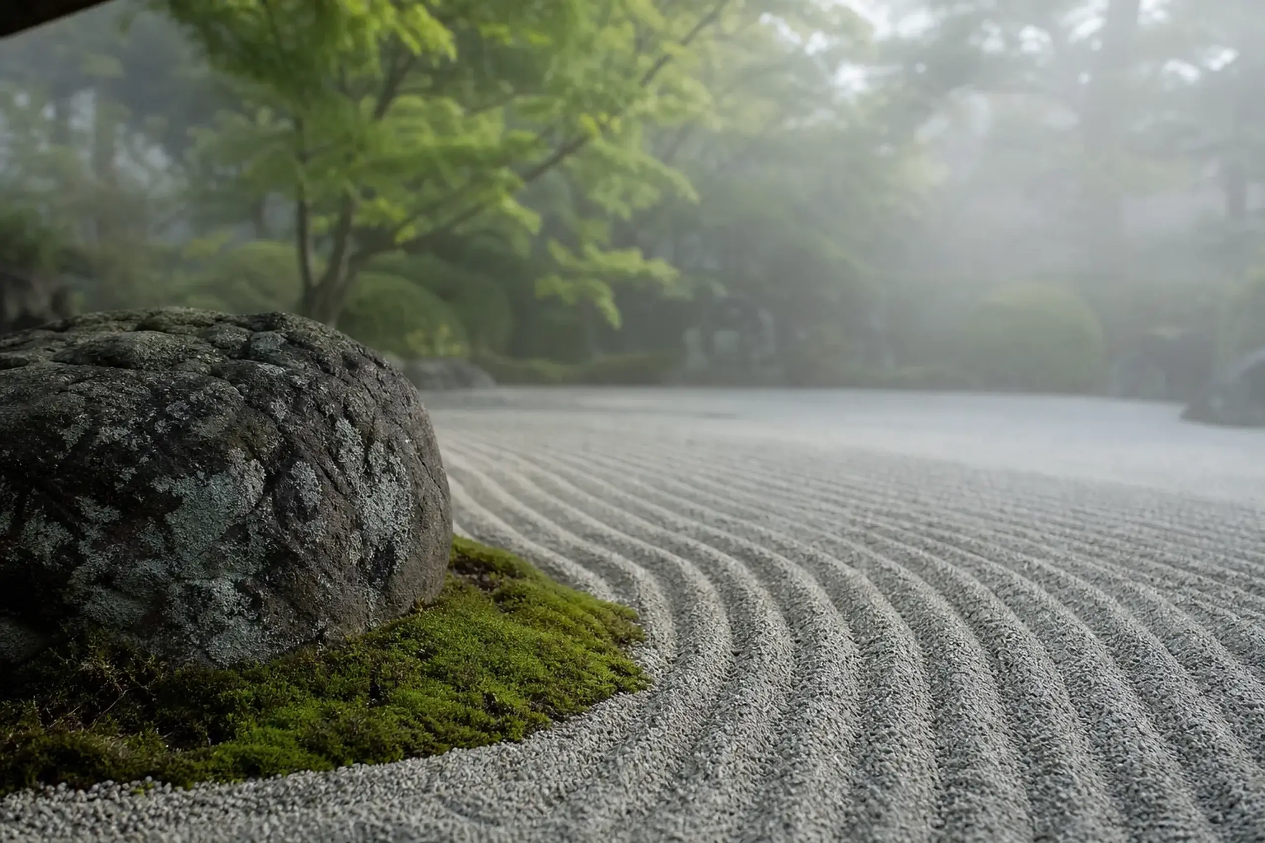 A quiet Kyoto rock garden with raked gravel and moss in soft morning light