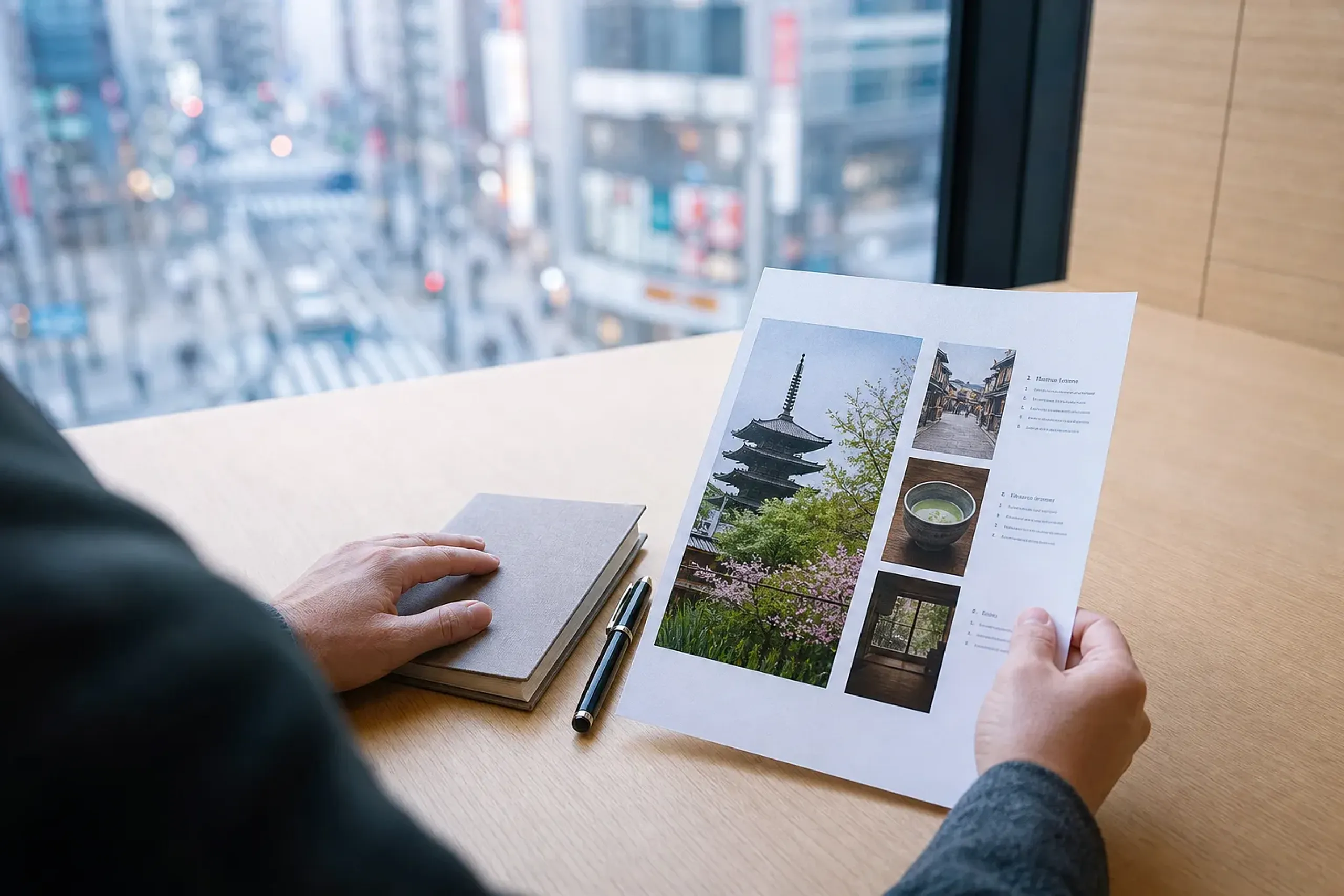 Hands holding a printed itinerary checklist on a hotel desk with a Tokyo street blurred in the background