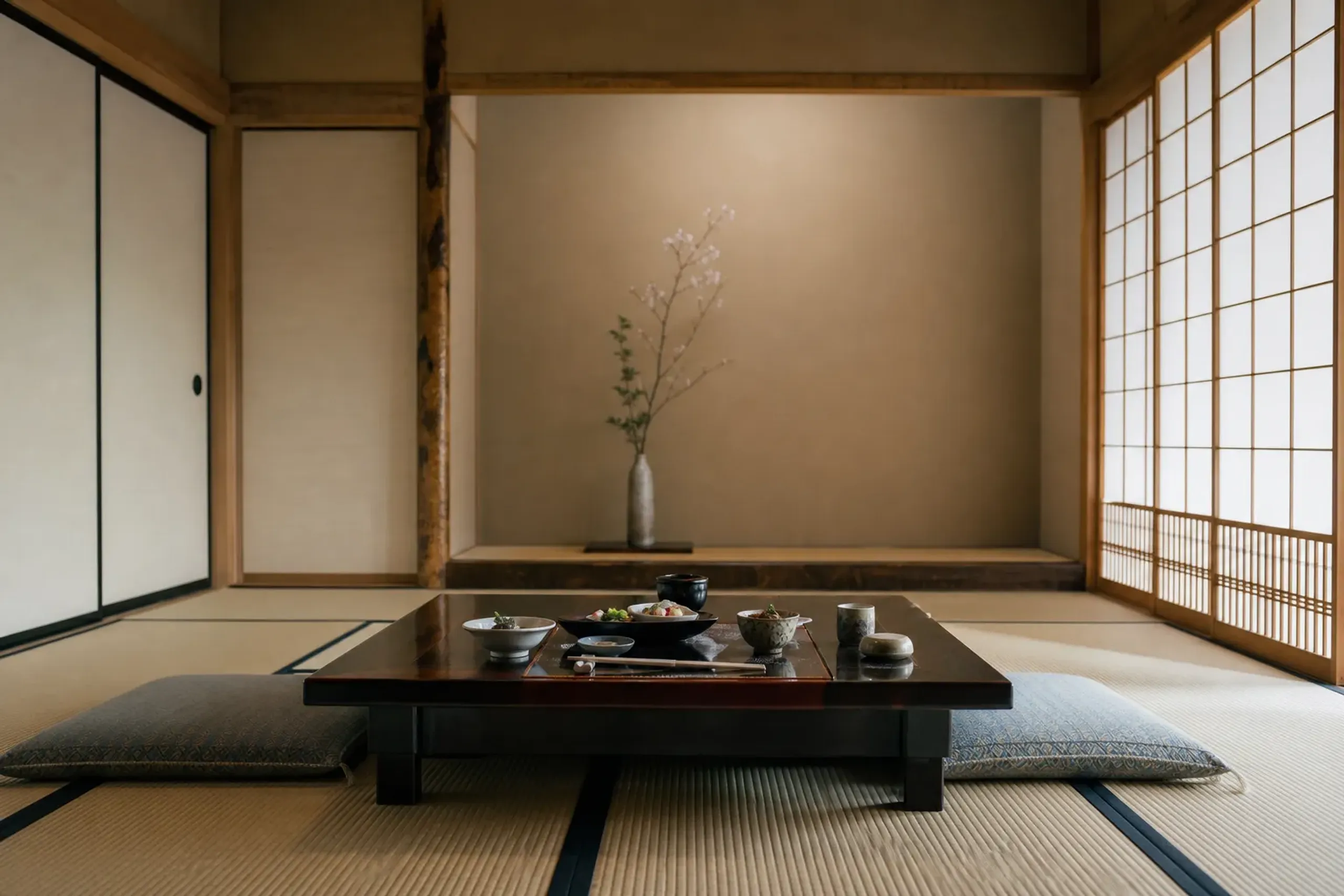 Ryokan tatami room with a low table prepared for kaiseki dinner under soft shoji light